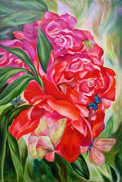 Jungle tropicale. Roses rouges et papillons Peinture à l'huile originale.