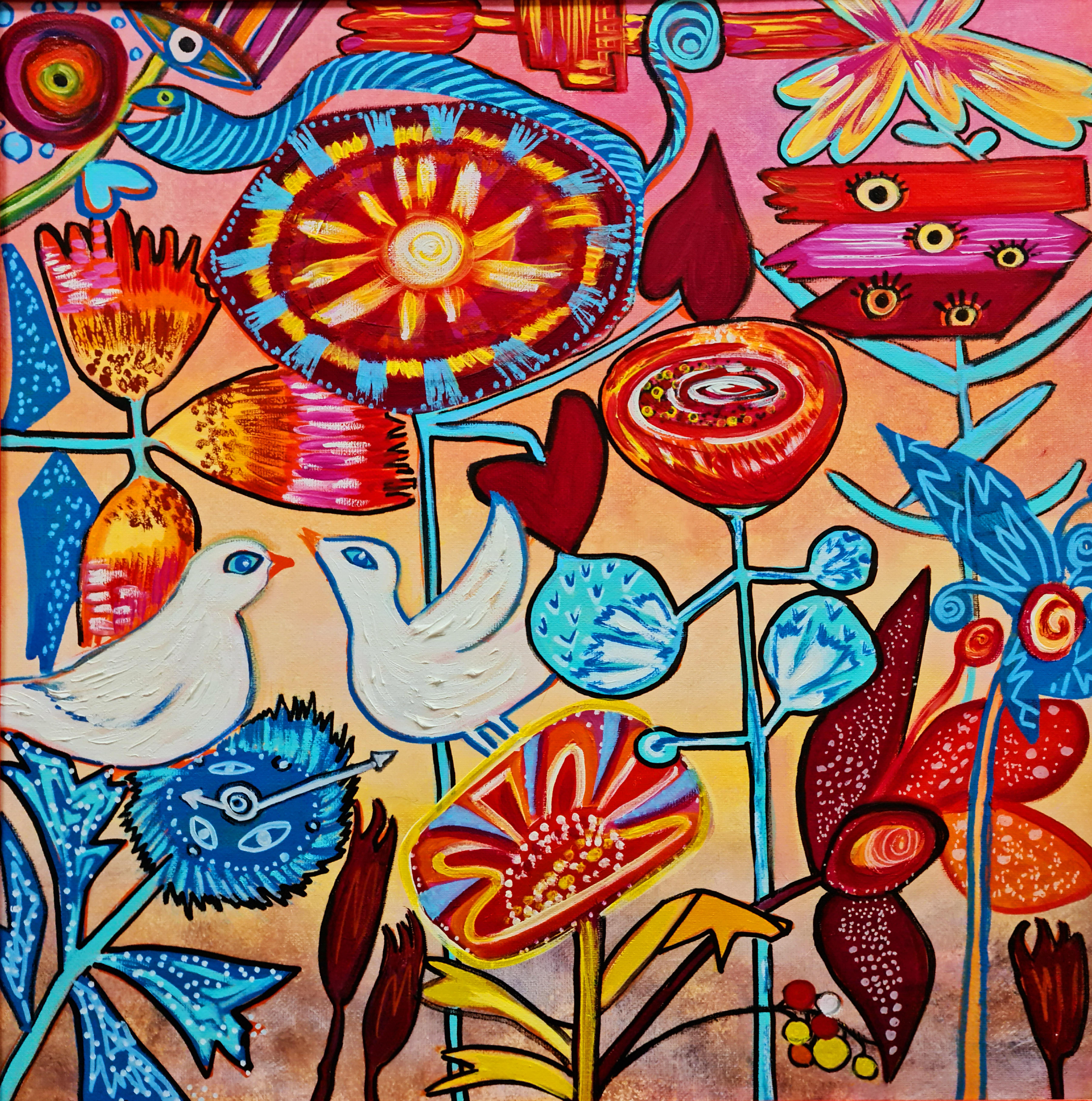 Lilya Volskaya Animal Painting - "White doves in the garden of Eden" Painting by Lilia Volskaya