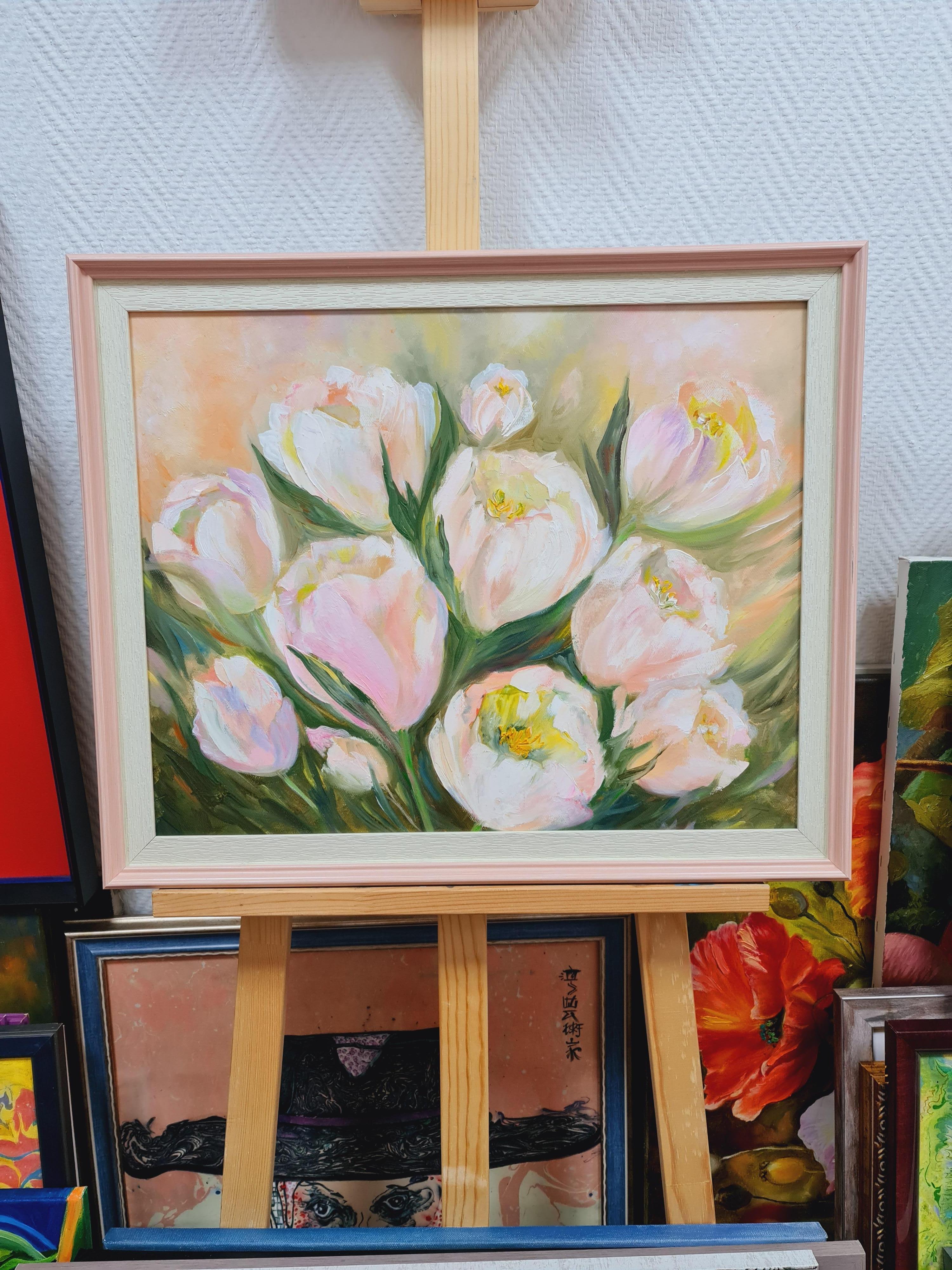 White tulips on a pink background. Morning, spring - Painting by Lilya Volskaya