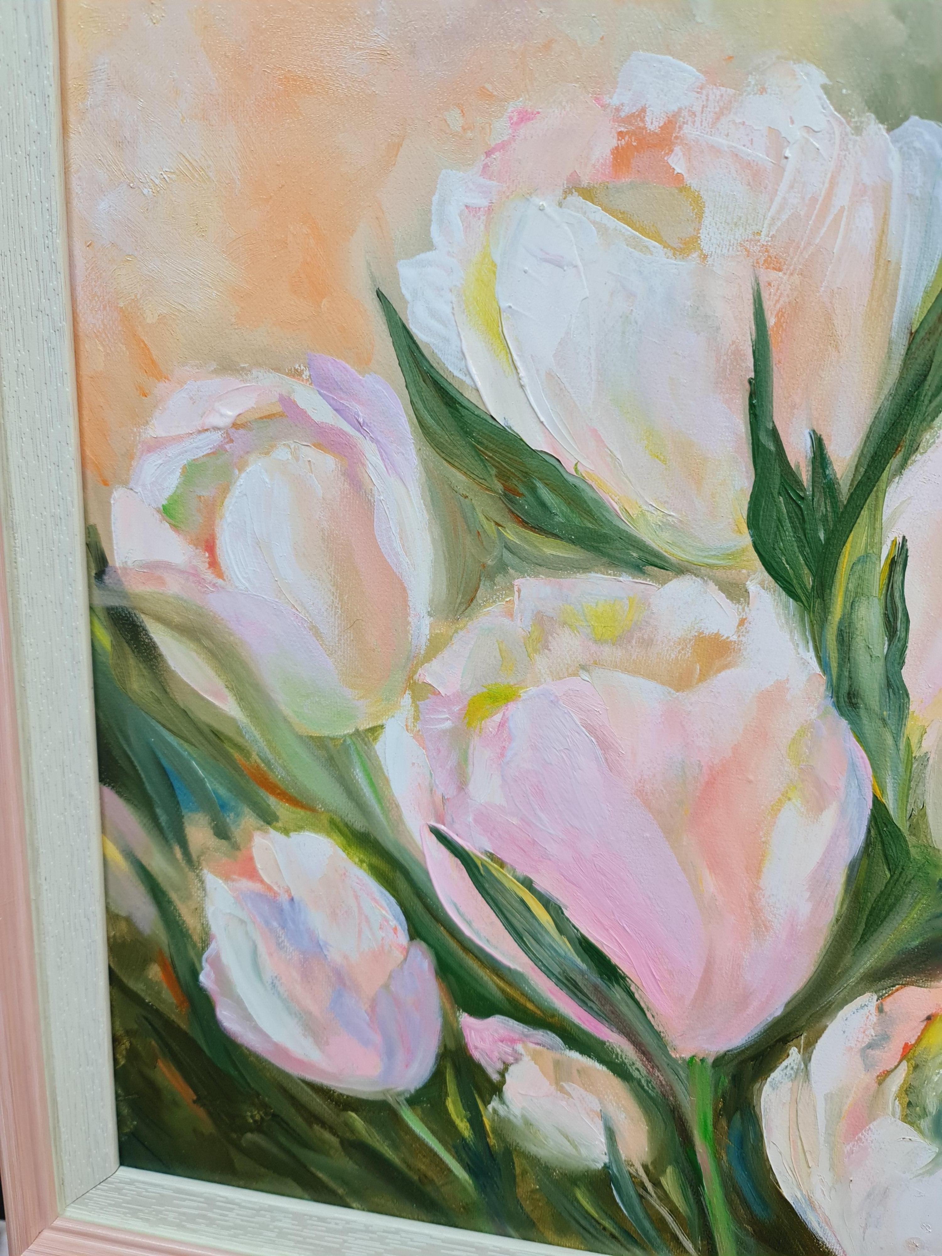 White tulips on a pink background. Morning, spring - Expressionist Painting by Lilya Volskaya