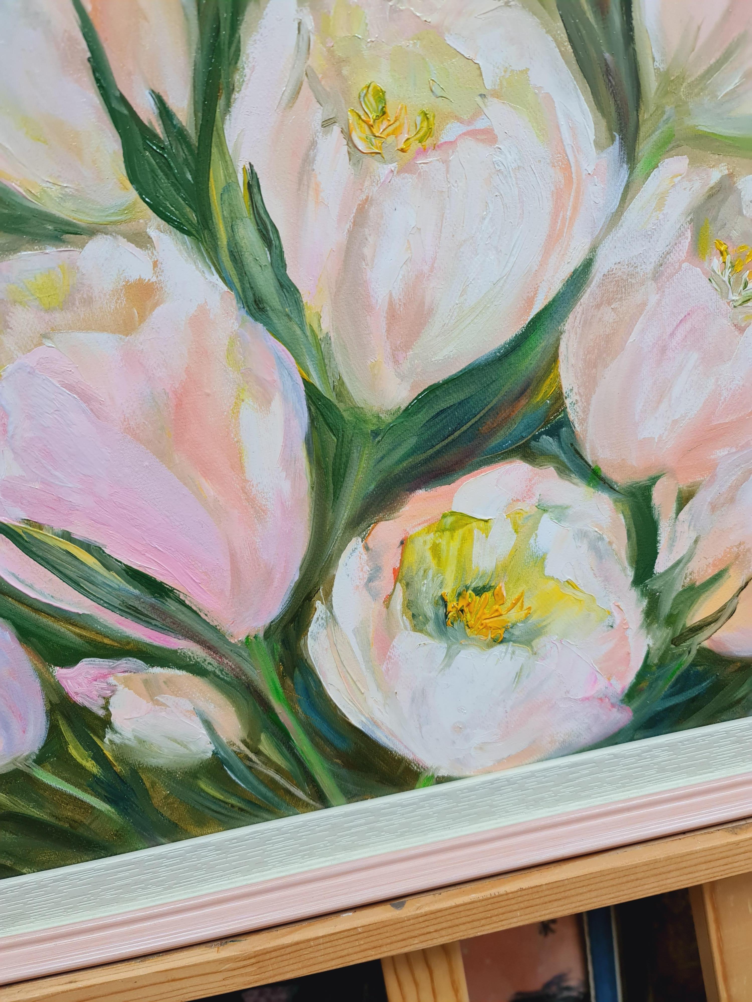 White tulips on a pink background. Morning, spring For Sale 2