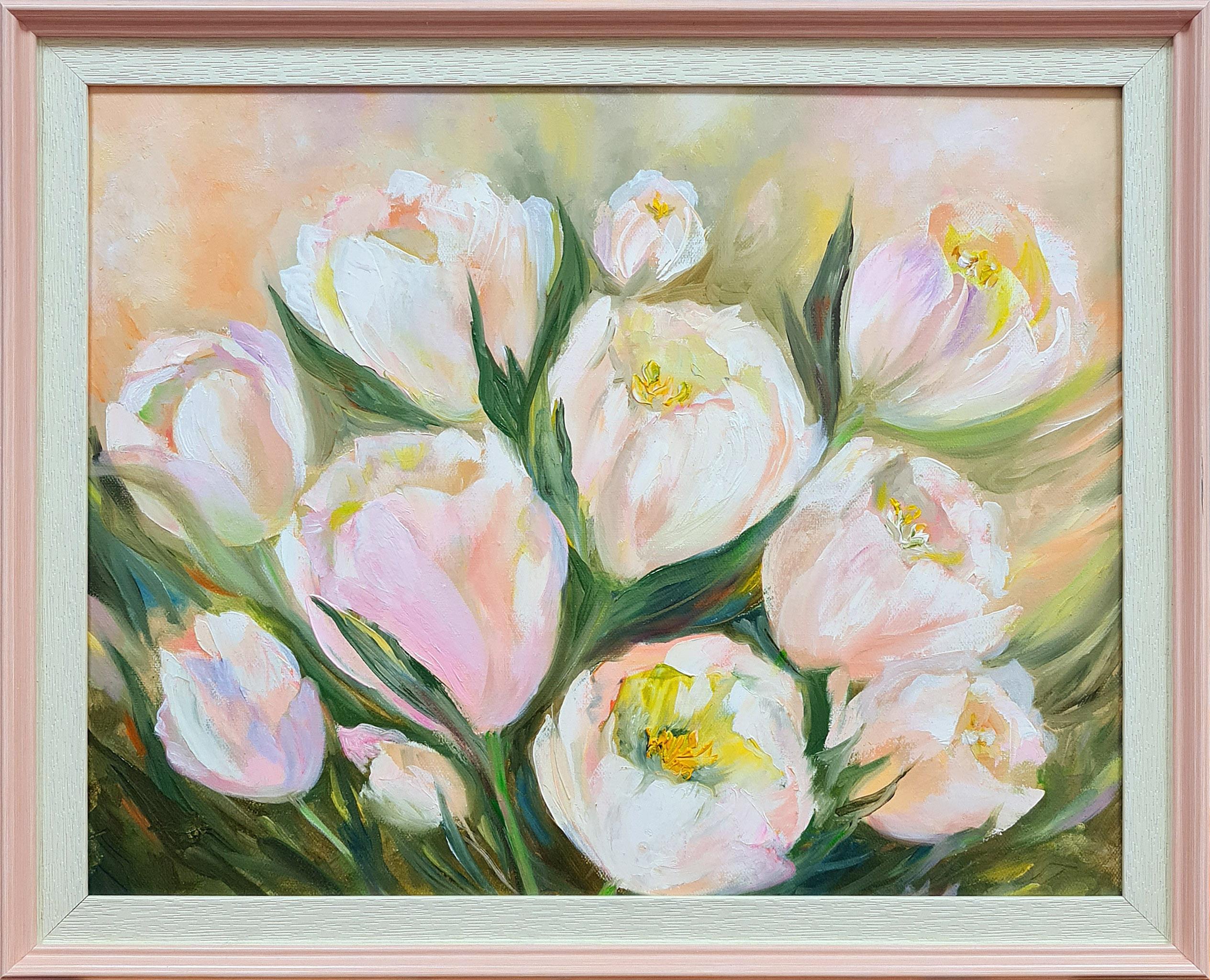 Lilya Volskaya Still-Life Painting - White tulips on a pink background. Morning, spring