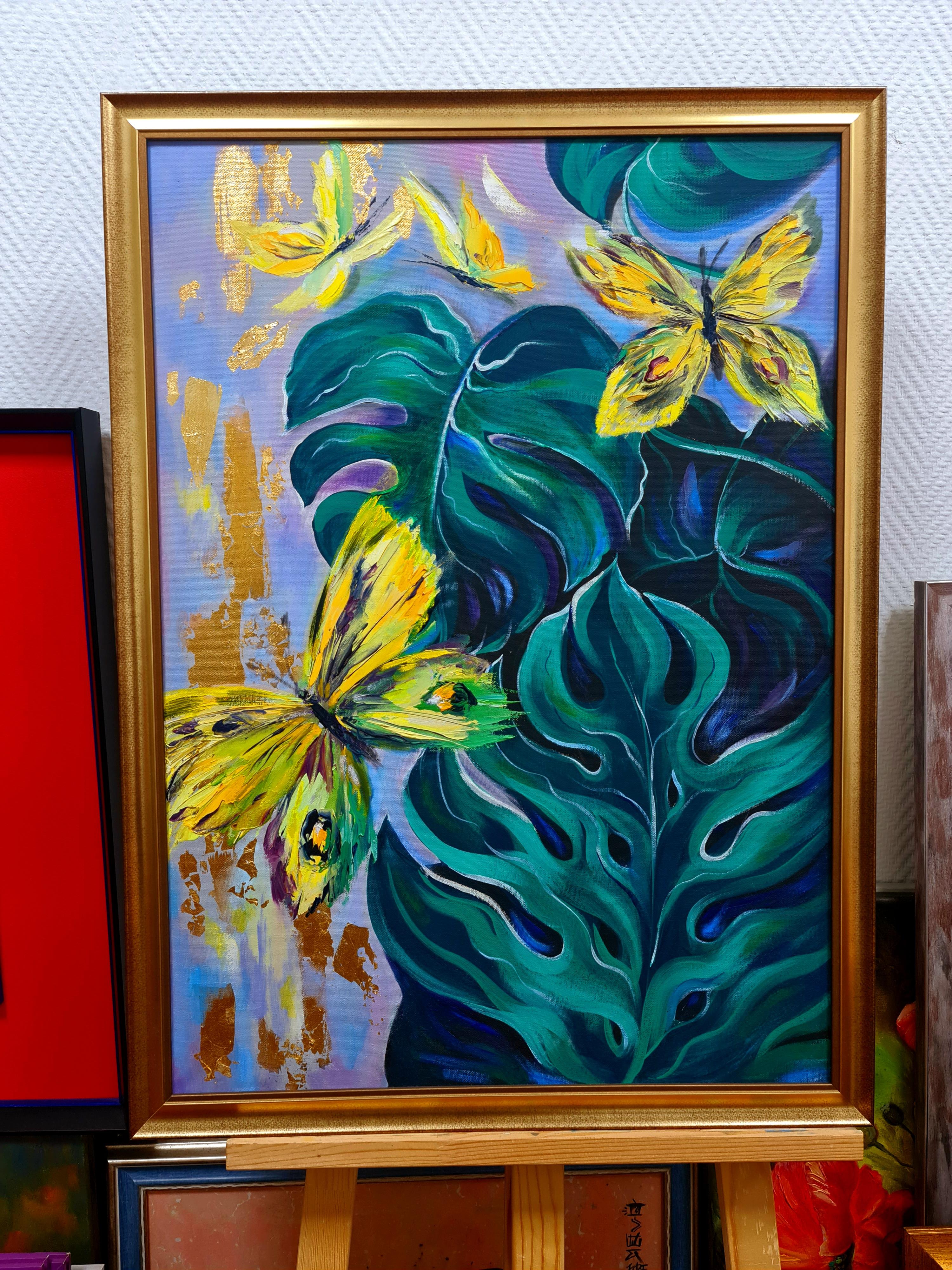 « papillons jaunes et plantes tropicales », paysage à l'huile sur toile - Painting de Lilya Volskaya