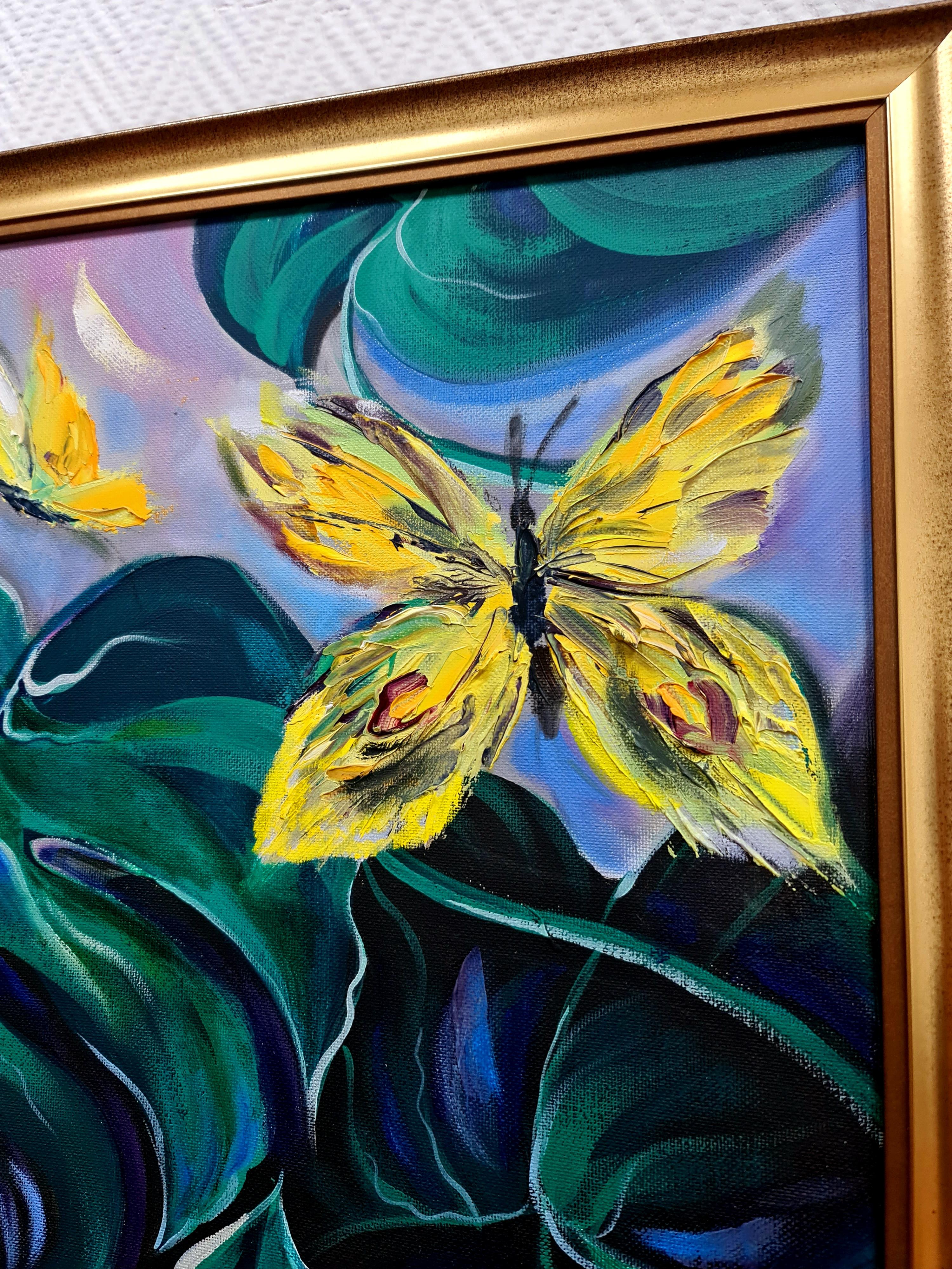 « papillons jaunes et plantes tropicales », paysage à l'huile sur toile - Bleu Still-Life Painting par Lilya Volskaya