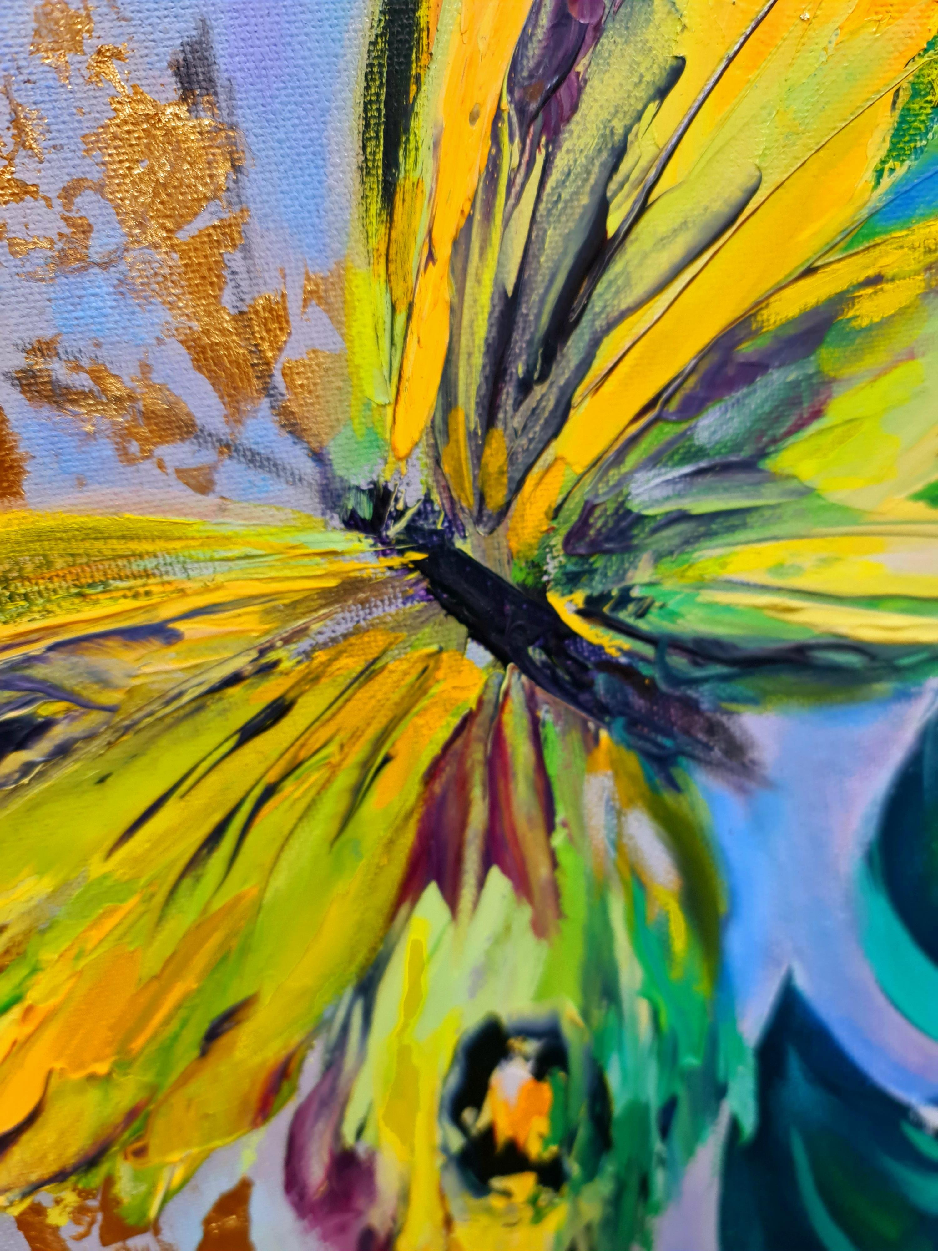 « papillons jaunes et plantes tropicales », paysage à l'huile sur toile en vente 1
