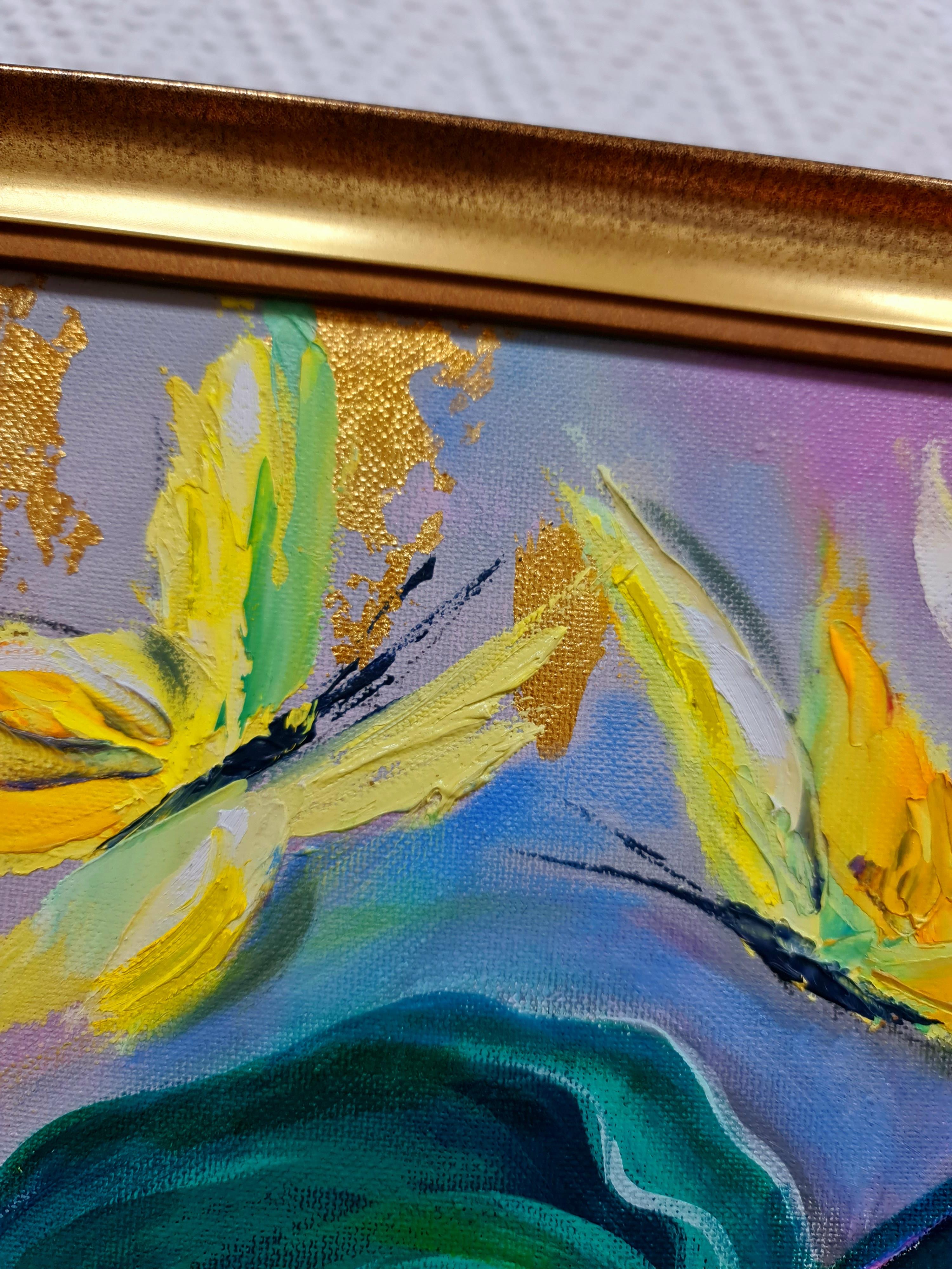 « papillons jaunes et plantes tropicales », paysage à l'huile sur toile en vente 2