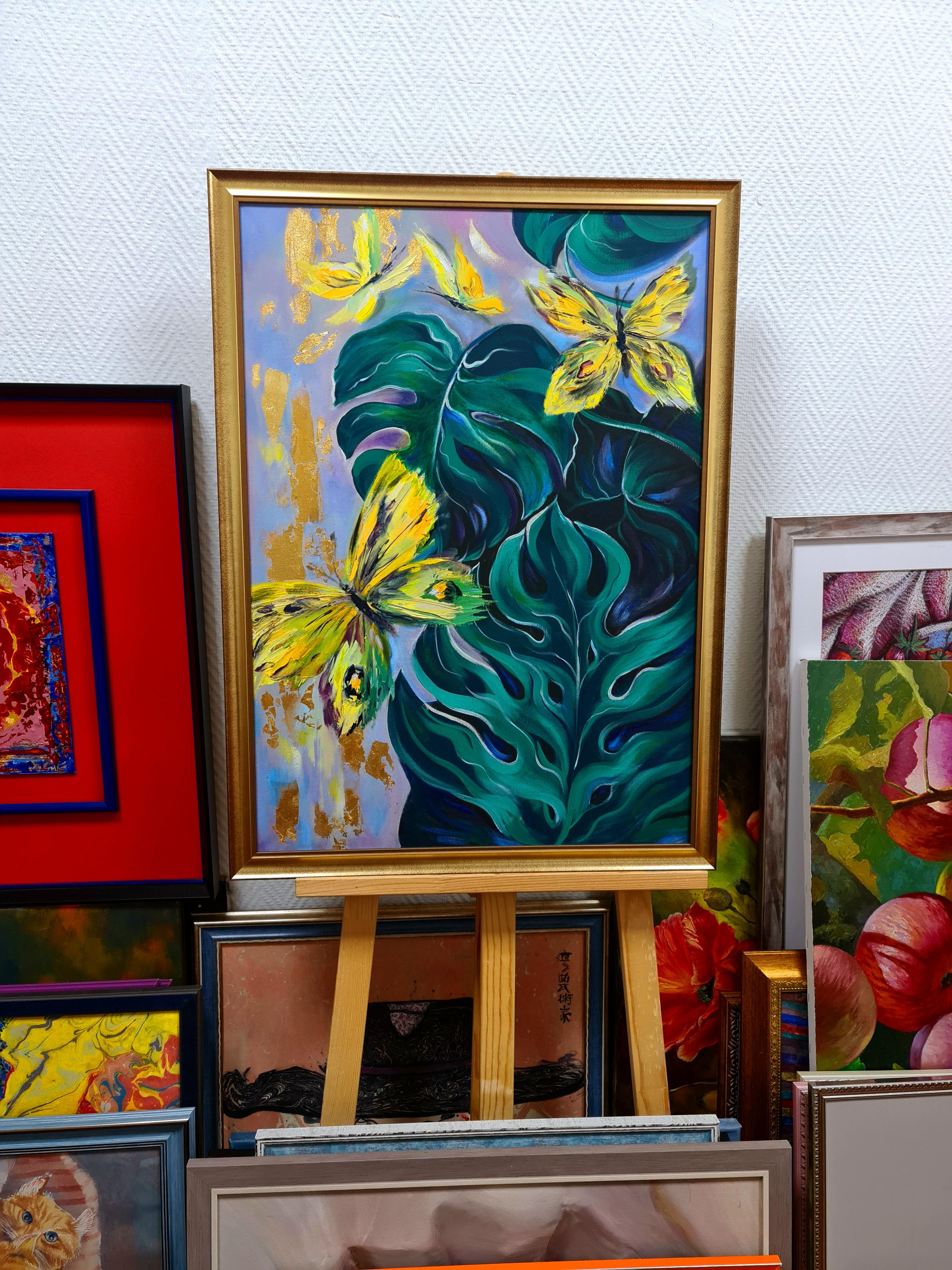 « papillons jaunes et plantes tropicales », paysage à l'huile sur toile en vente 3