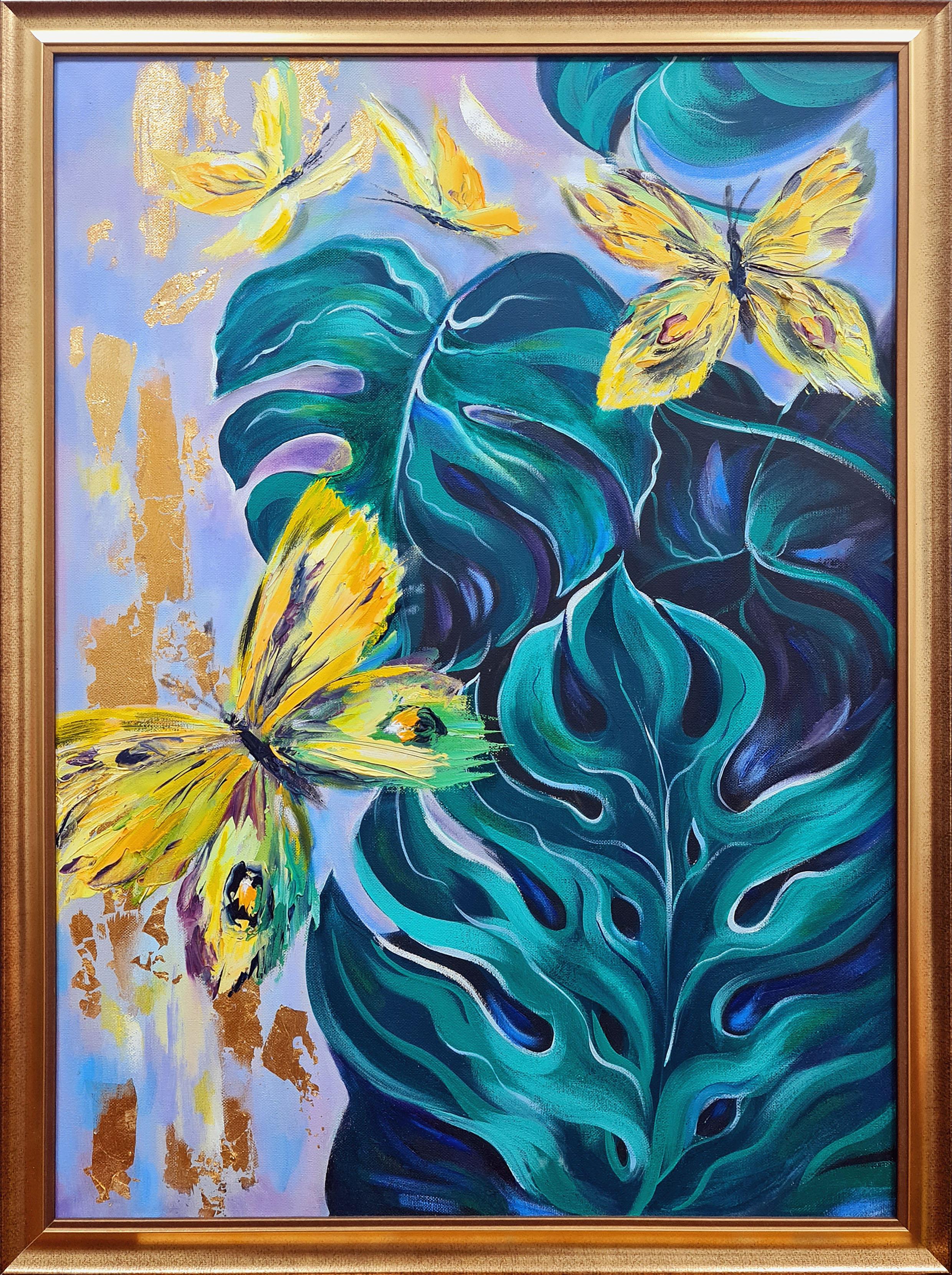 « papillons jaunes et plantes tropicales », paysage à l'huile sur toile en vente 4