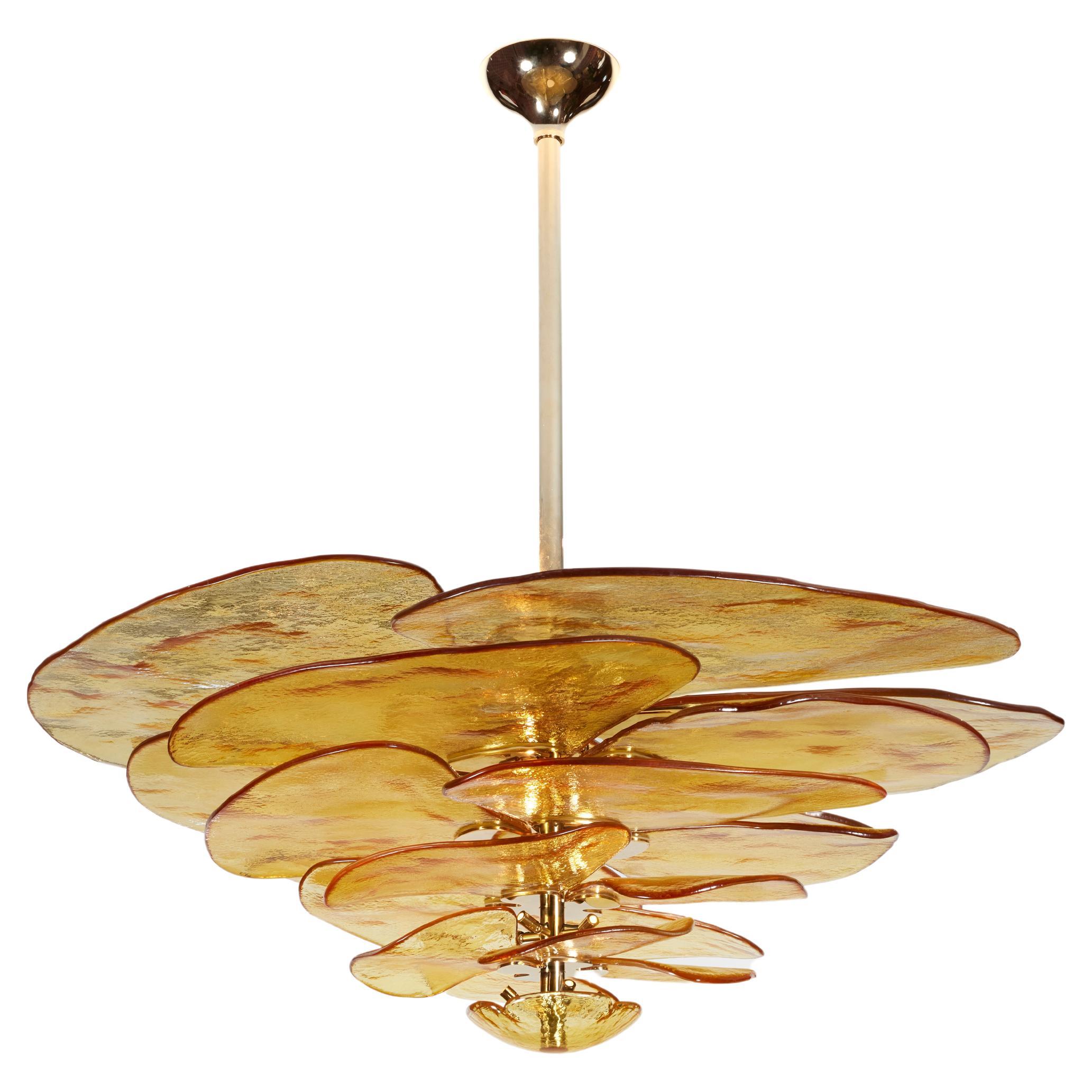 Lilypad Bubbled Chandelier Composed of Amber Glass Blades by Laura Gonzalez For Sale