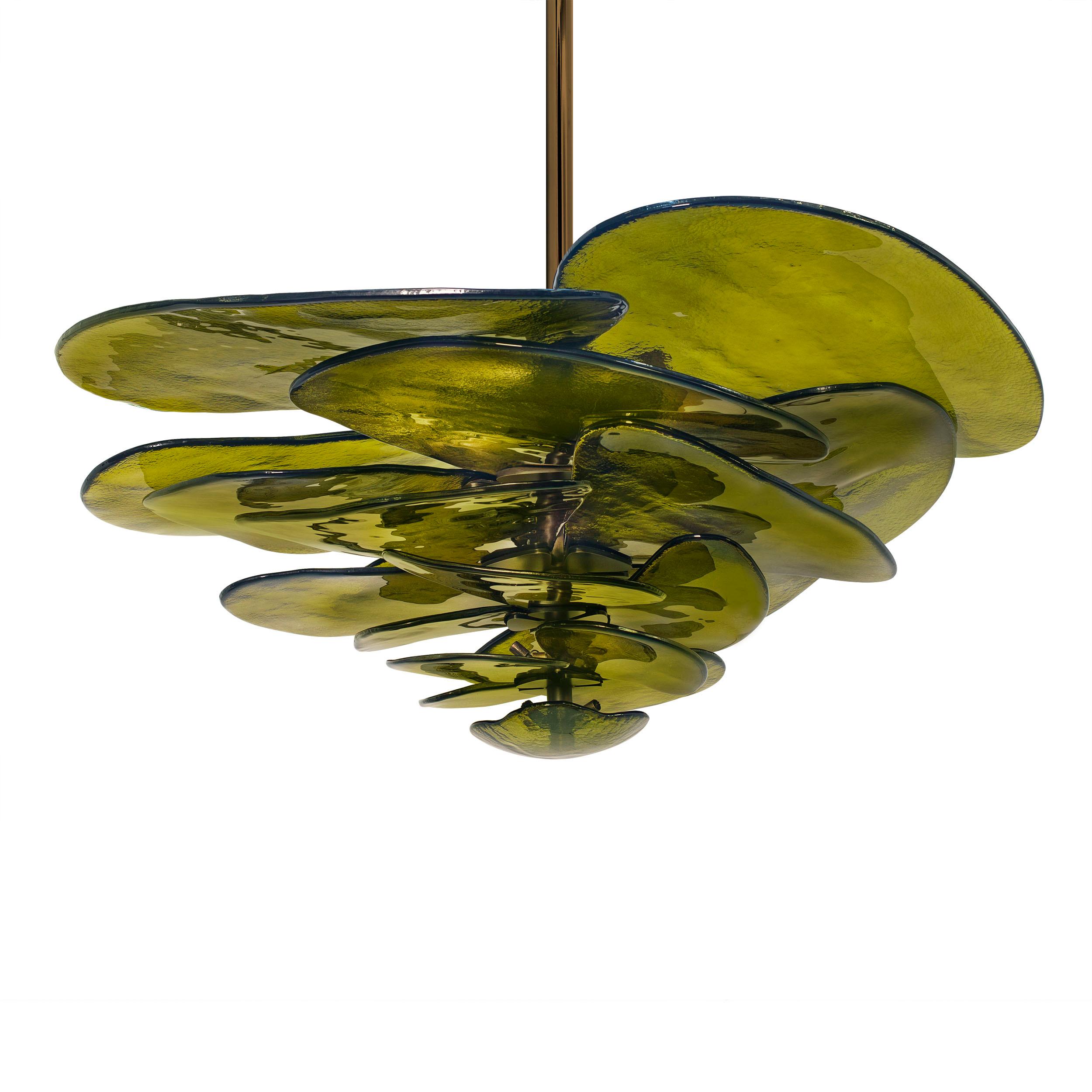 Forged Lilypad Green Chandelier Composed of Textured Glass Blades by Laura Gonzalez For Sale