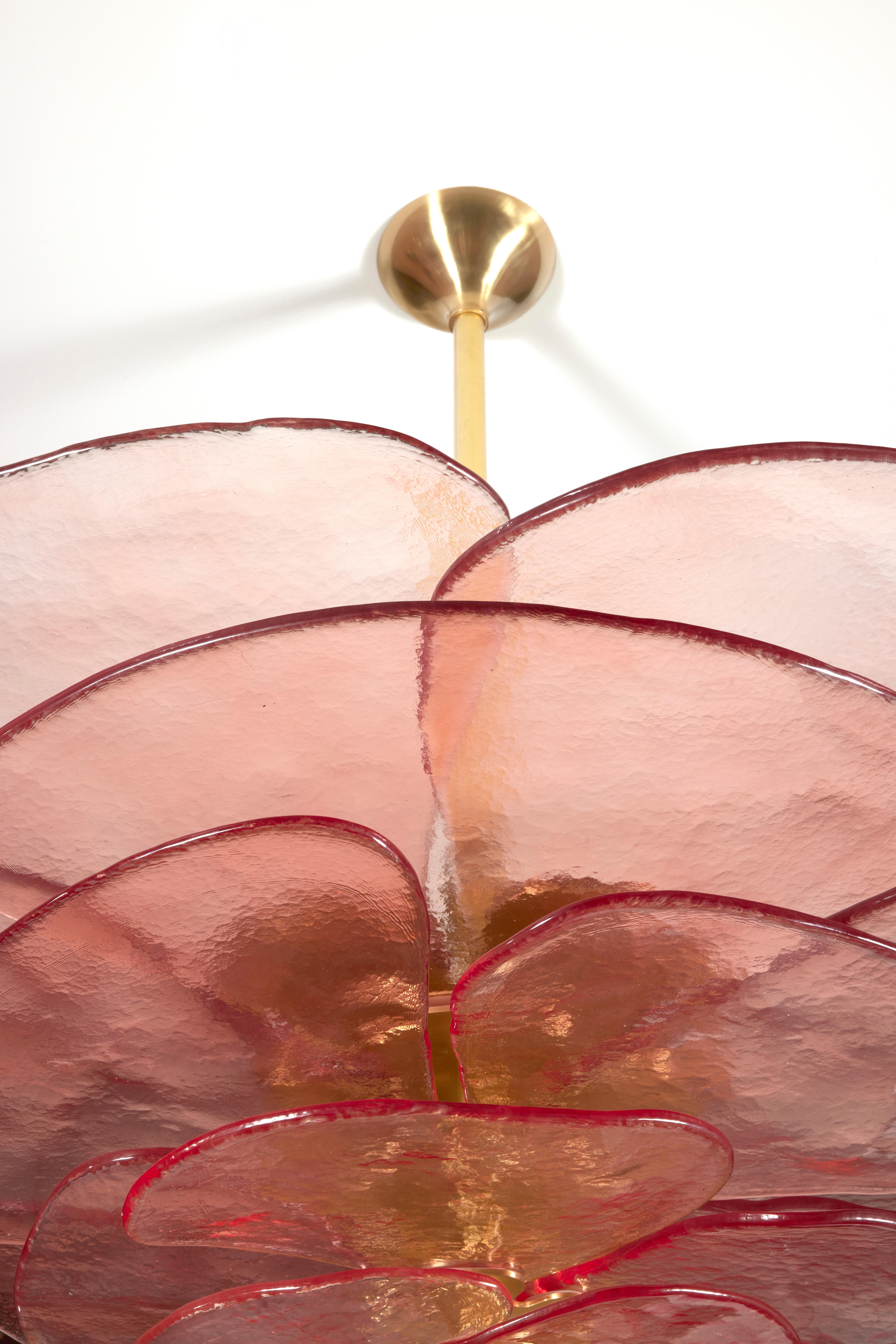 Art Deco Lilypad Pink Chandelier Composed of Textured Glass Blades by Laura Gonzalez For Sale