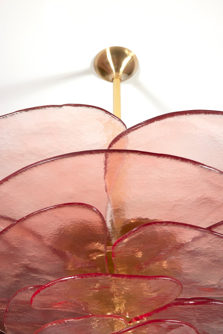 Lilypad Pink Chandelier Composed of Textured Glass Blades by Laura Gonzalez In New Condition For Sale In Paris, FR