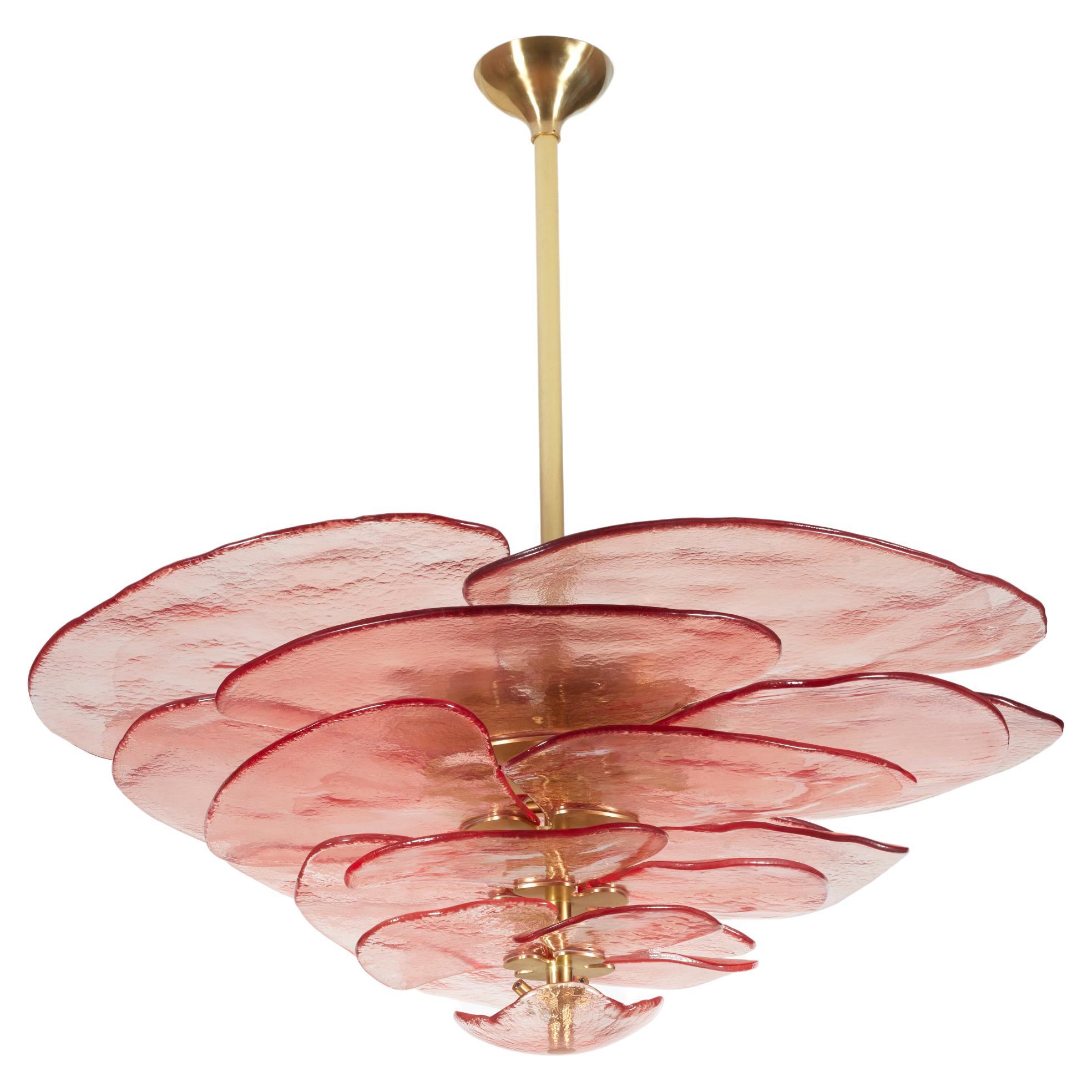 Lilypad Pink Chandelier Composed of Textured Glass Blades by Laura Gonzalez For Sale