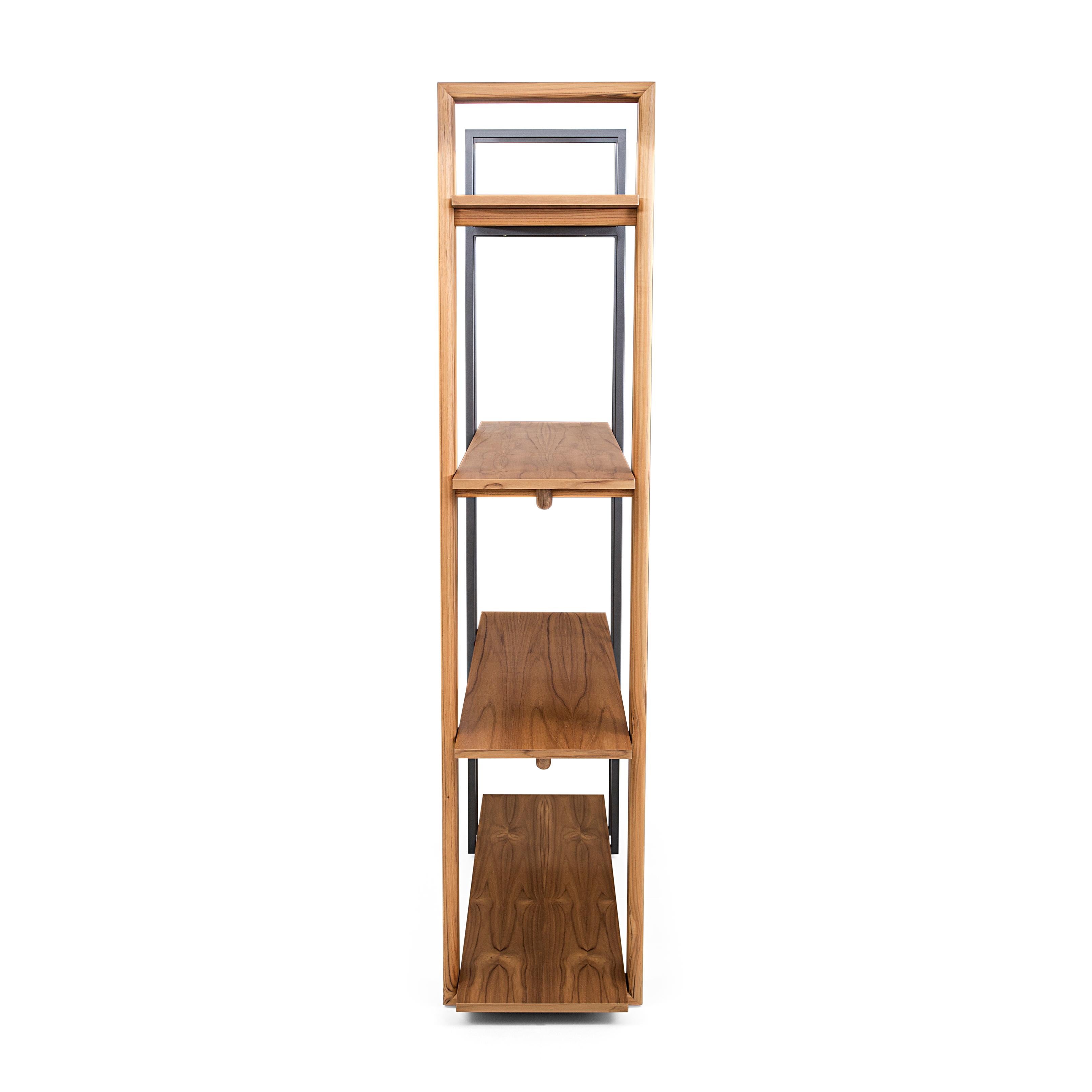 Moderne Bibliothèque en bois de teck aux accents métalliques graphites, design moderne, collection Lim en vente