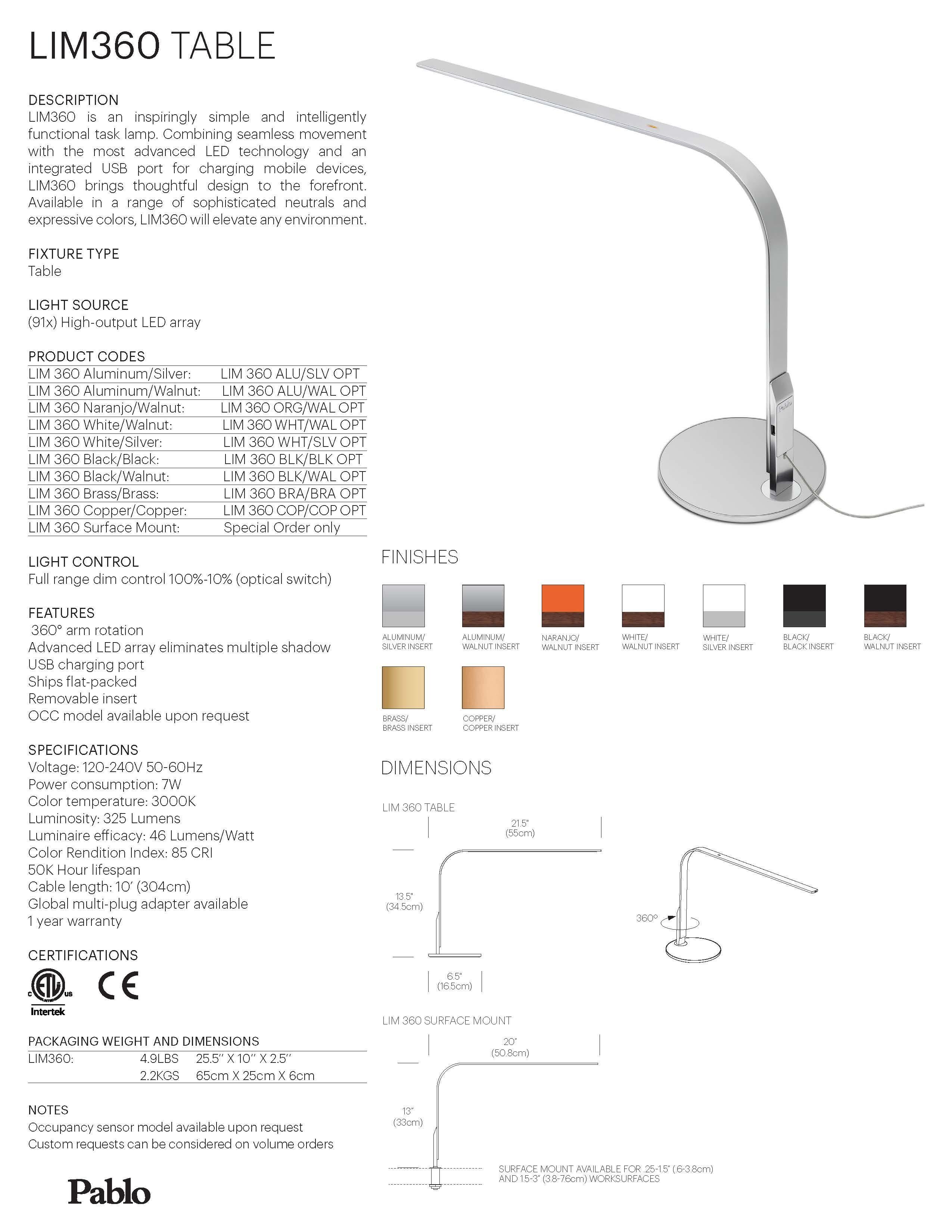 Contemporary Lim360 Table Lamp in Aluminum and Walnut by Pablo Designs For Sale