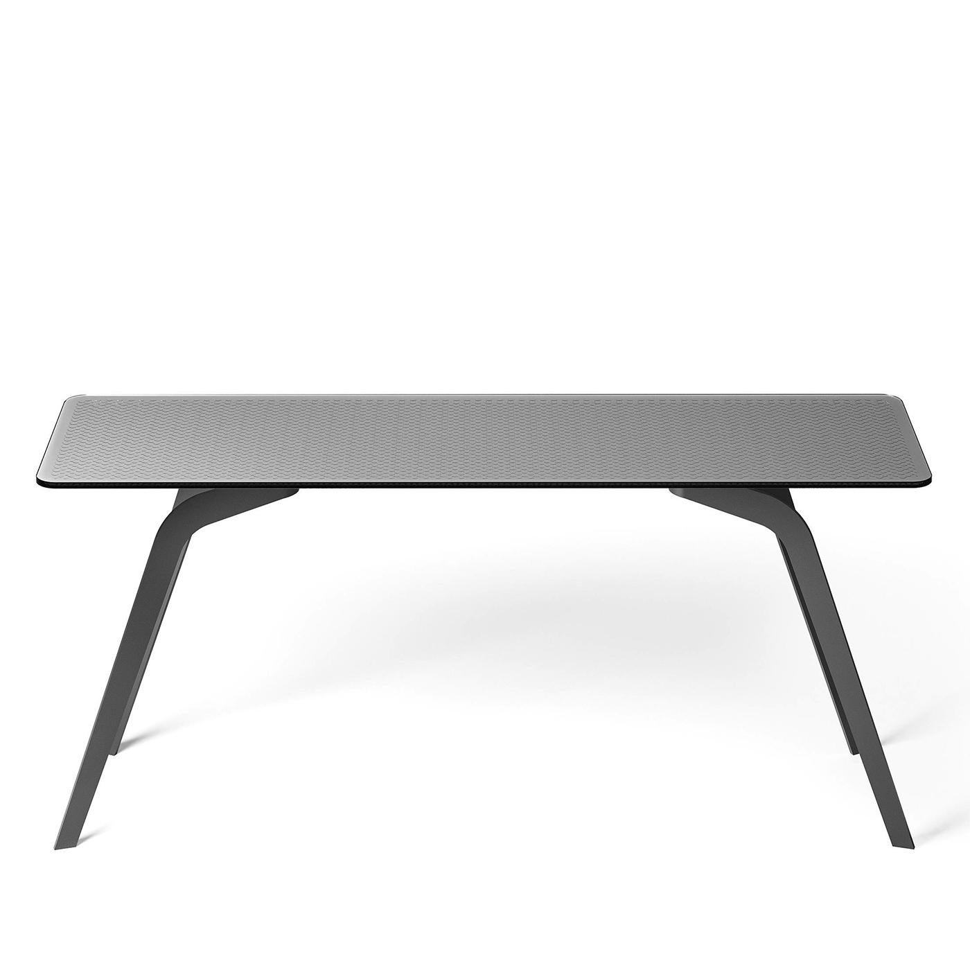 Console table lima grey with tempered glass top,
12 mm thickness, back lacquered glass top with grey 
Metallic paint. With metal base painted in dark grey finish.

