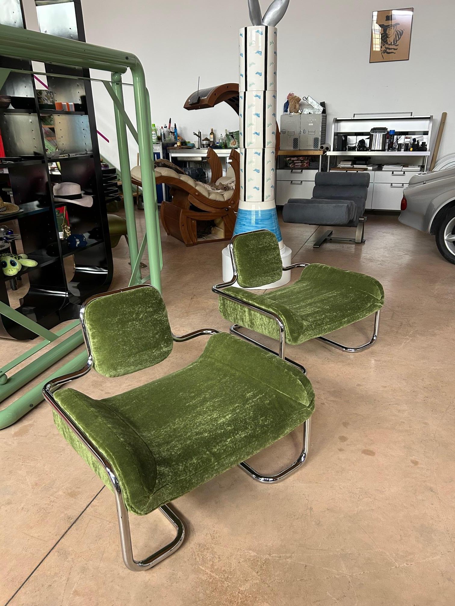 Limande Lounge Chairs by Kwok Hoi Chan Ed. Steiner Pierre Frey Teddy Mohair in vendita 6