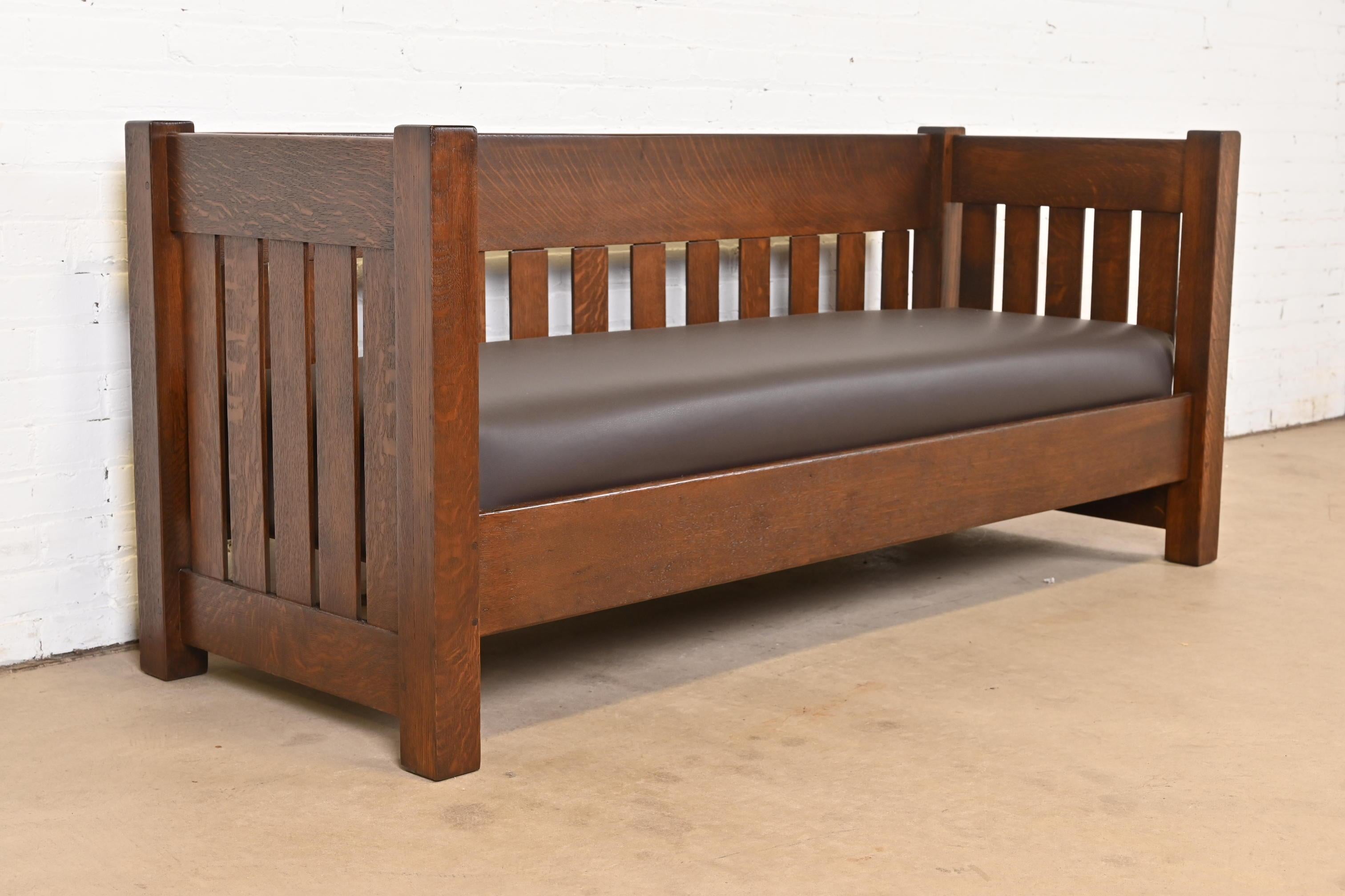 Leather Limbert Antique Mission Oak Arts and Crafts Settle Sofa, Newly Restored