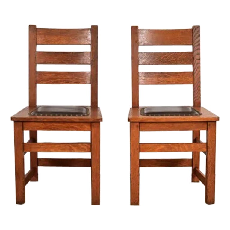 Limbert Antique Mission Oak Arts & Crafts Ladder Back Dining Chairs, Pair