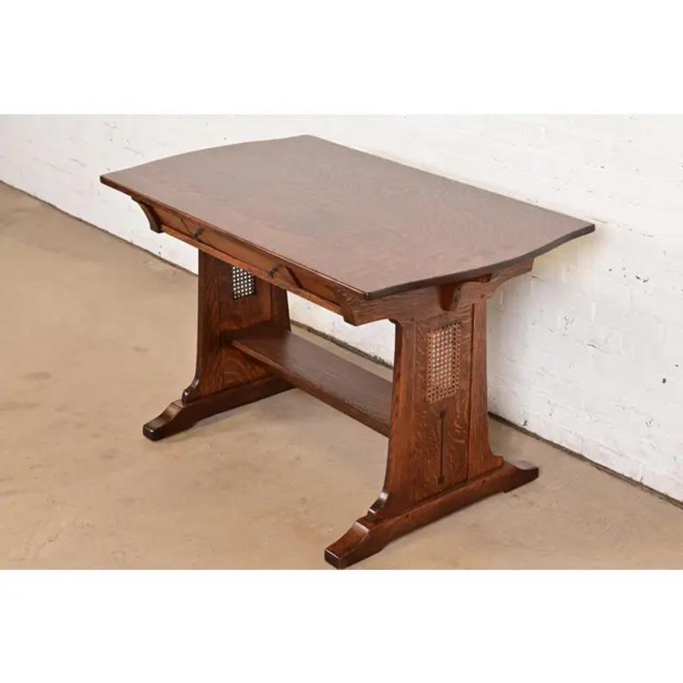 Limbert Antique Mission Oak Arts & Crafts Turtle Top Writing Desk, Refinished For Sale 7