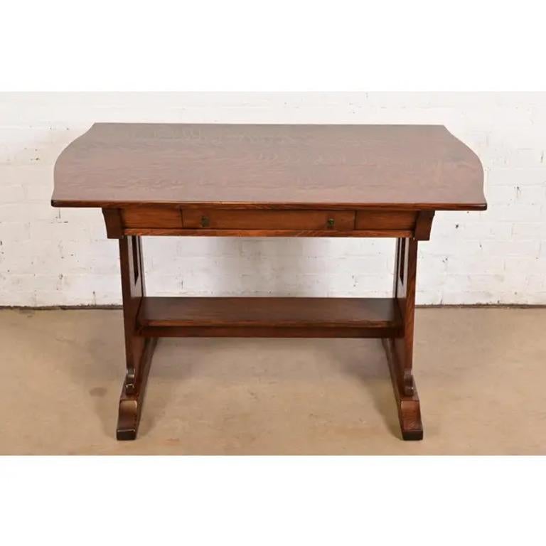 Arts and Crafts Limbert Antique Mission Oak Arts & Crafts Turtle Top Writing Desk, Refinished For Sale