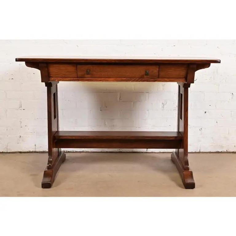 American Limbert Antique Mission Oak Arts & Crafts Turtle Top Writing Desk, Refinished For Sale