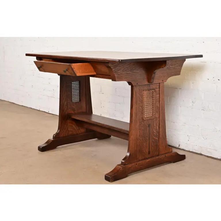 20th Century Limbert Antique Mission Oak Arts & Crafts Turtle Top Writing Desk, Refinished For Sale