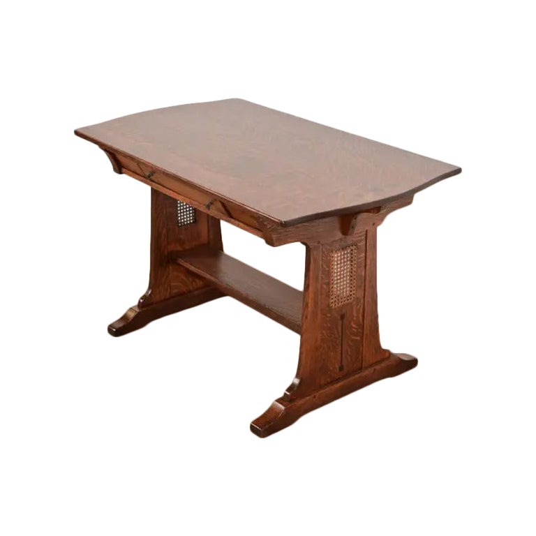 Limbert Antique Mission Oak Arts & Crafts Turtle Top Writing Desk, Refinished For Sale