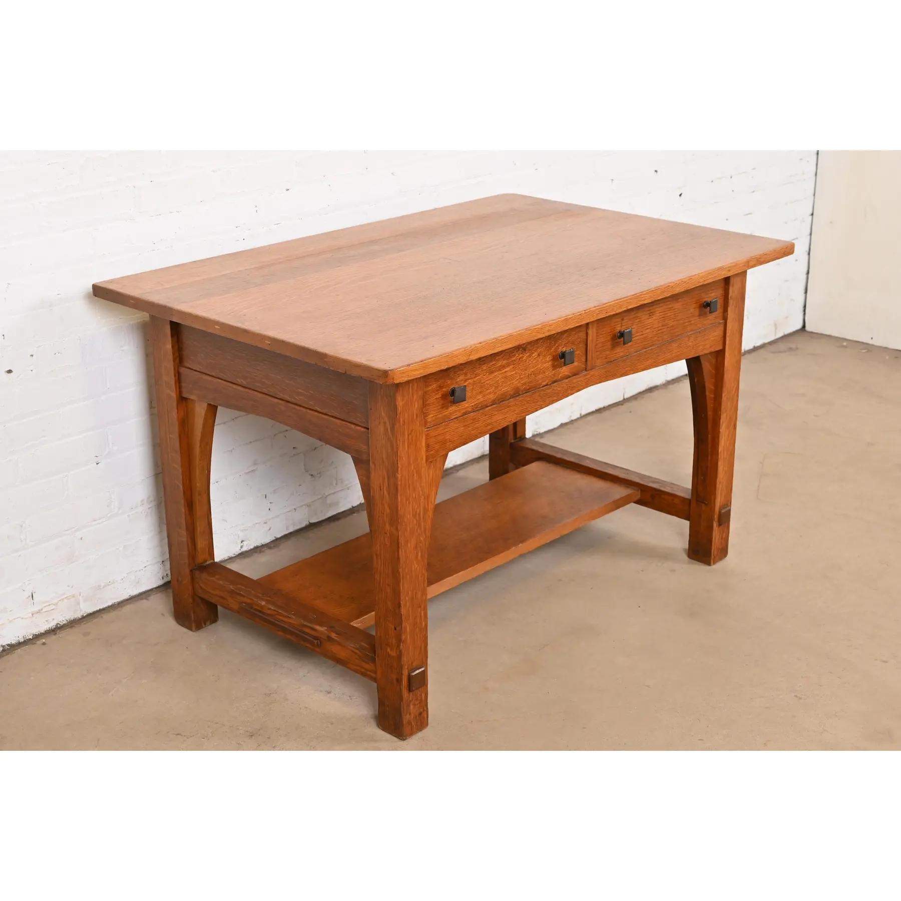Escritorio o mesa de biblioteca Limbert Antique Mission Oak Arts & Crafts, 1910 en Bueno estado para la venta en South Bend, IN