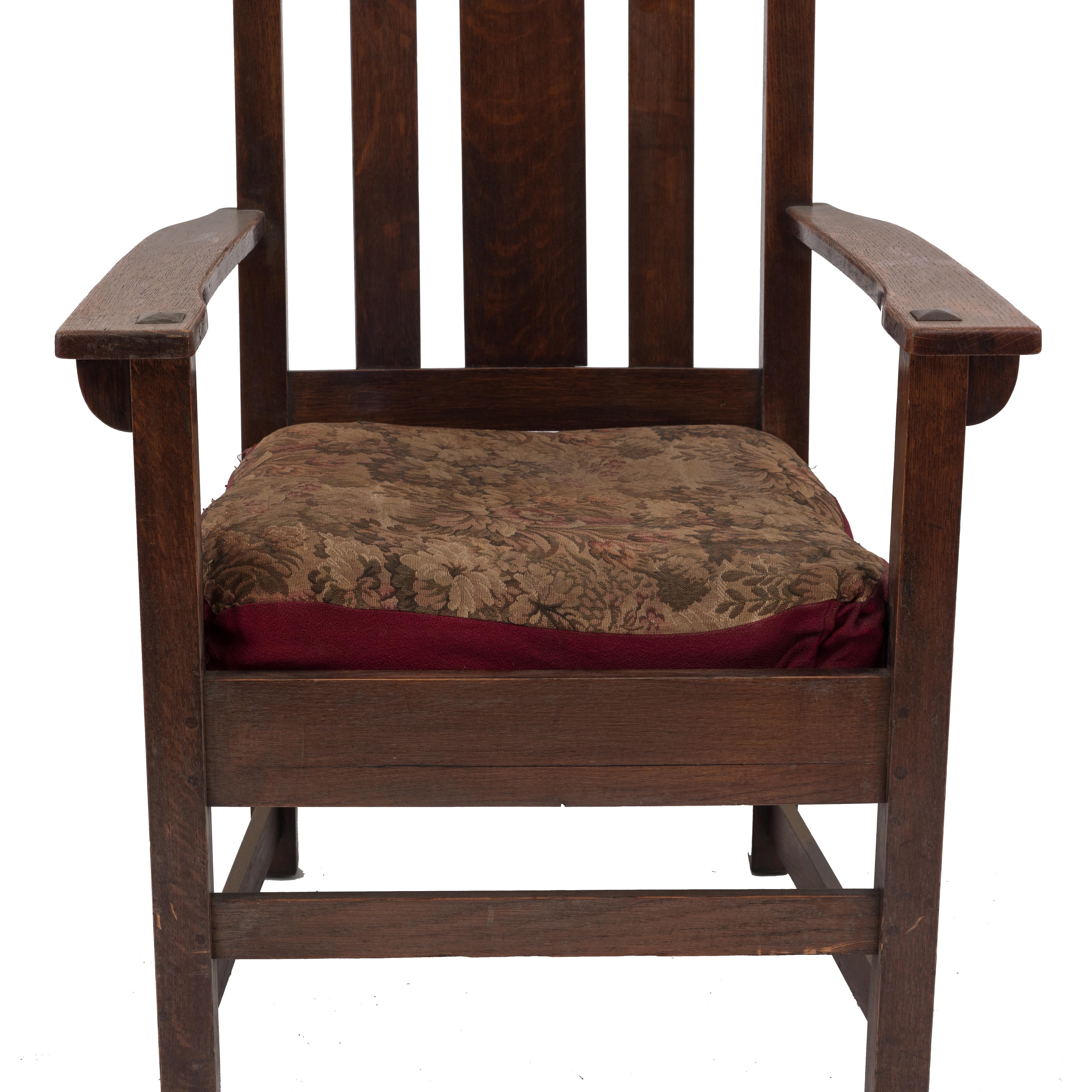 American Mission oak armchair with triple slat design back and tapestry seat. (signed LIMBERT, under arm).
 