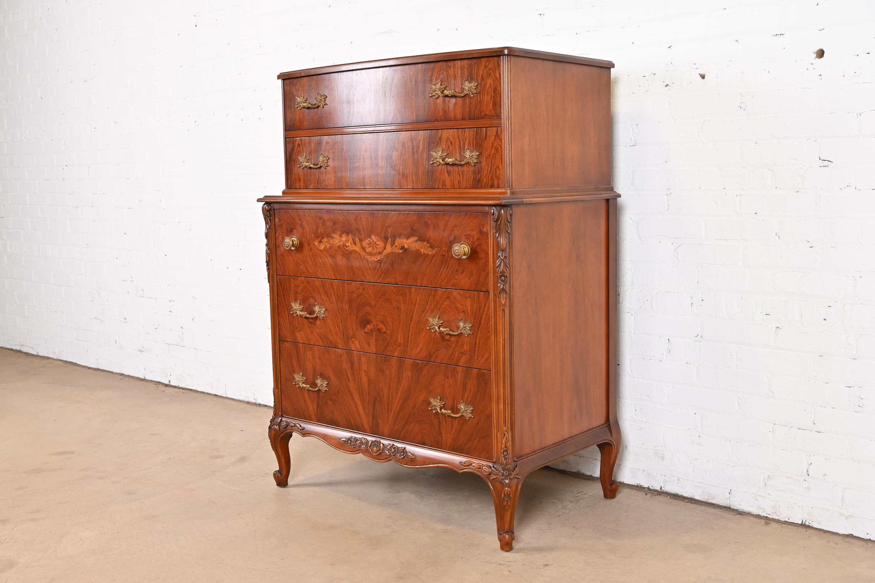 American Limbert French Provincial Louis XV Carved Rosewood Highboy Dresser, 1920s