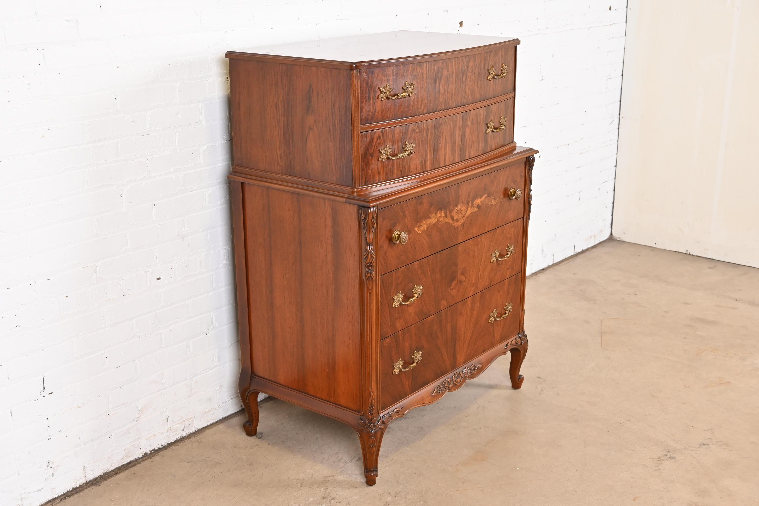 Brass Limbert French Provincial Louis XV Carved Rosewood Highboy Dresser, 1920s