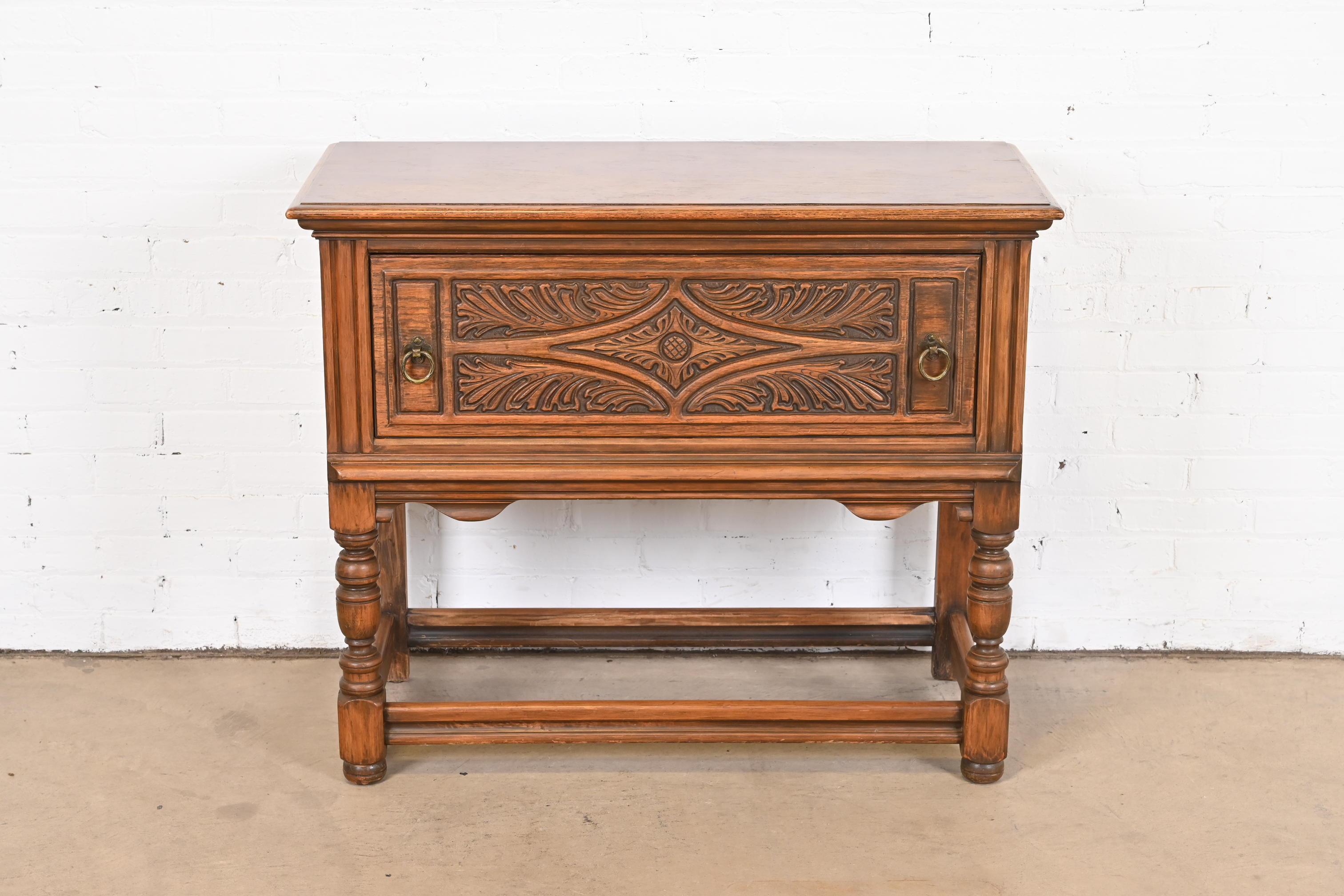 American Limbert Jacobean Carved Walnut Buffet Server or Bar Cabinet, Circa 1920s