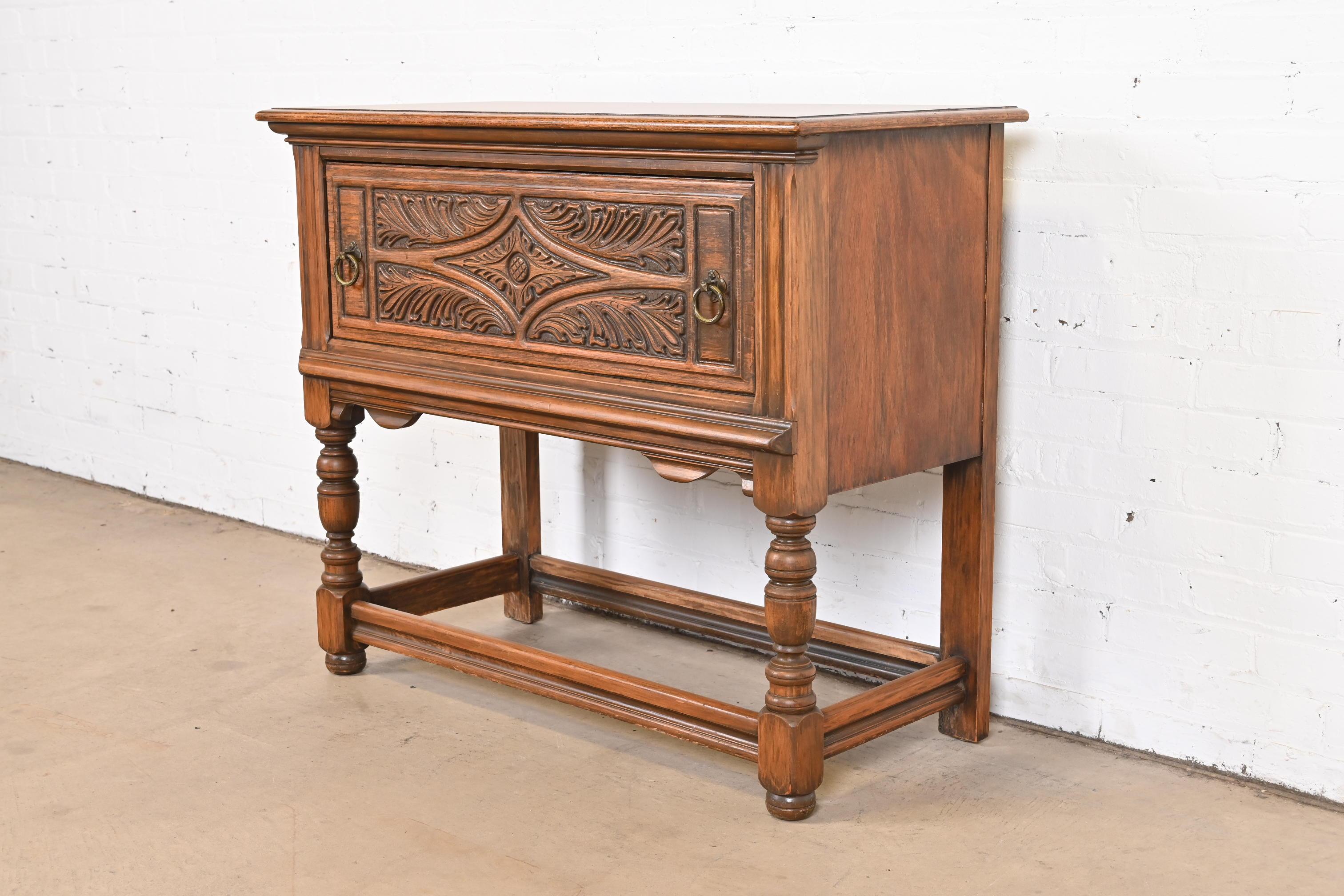 Limbert Jacobean Carved Walnut Buffet Server or Bar Cabinet, Circa 1920s In Good Condition In South Bend, IN