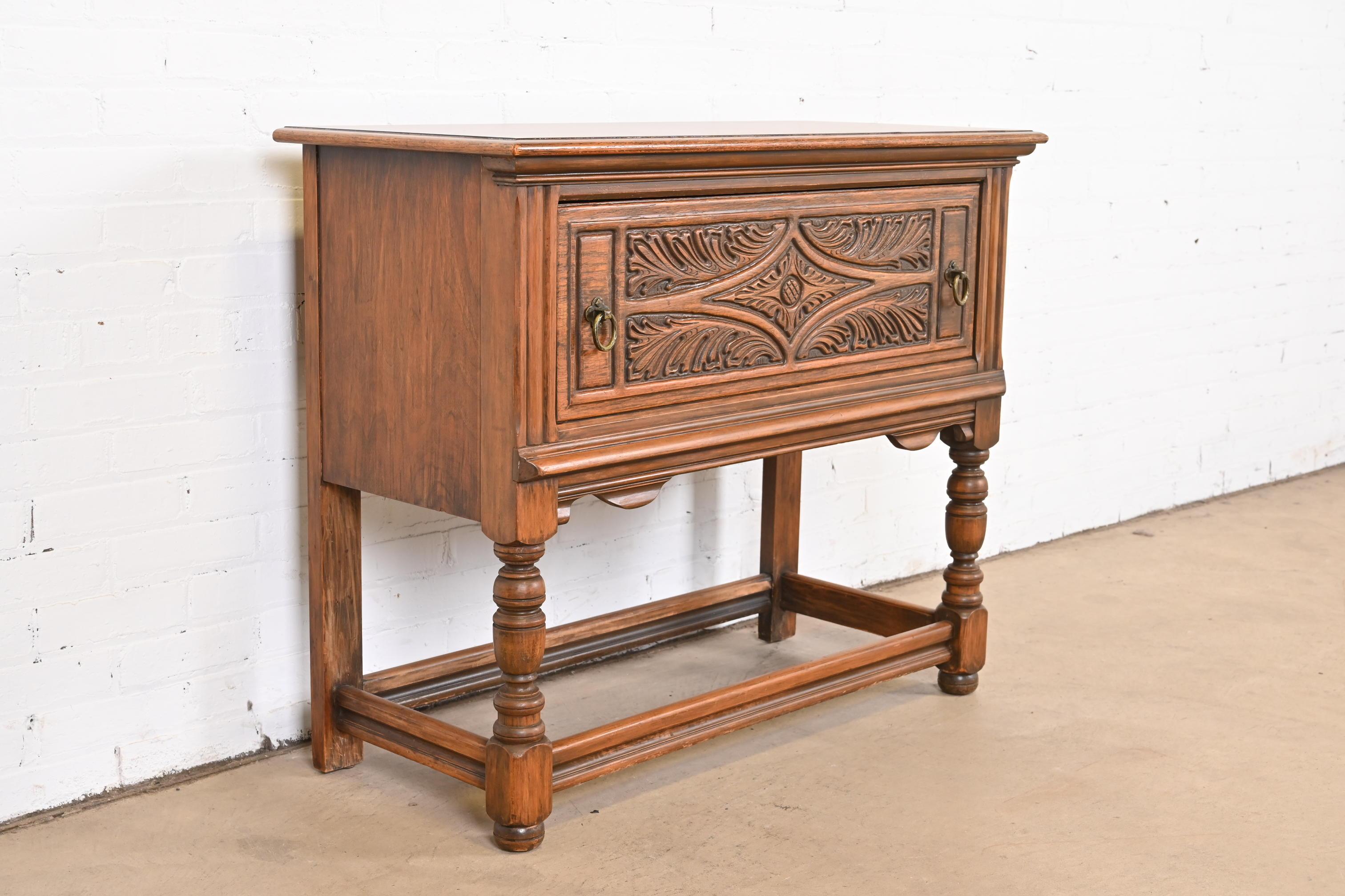 Brass Limbert Jacobean Carved Walnut Buffet Server or Bar Cabinet, Circa 1920s