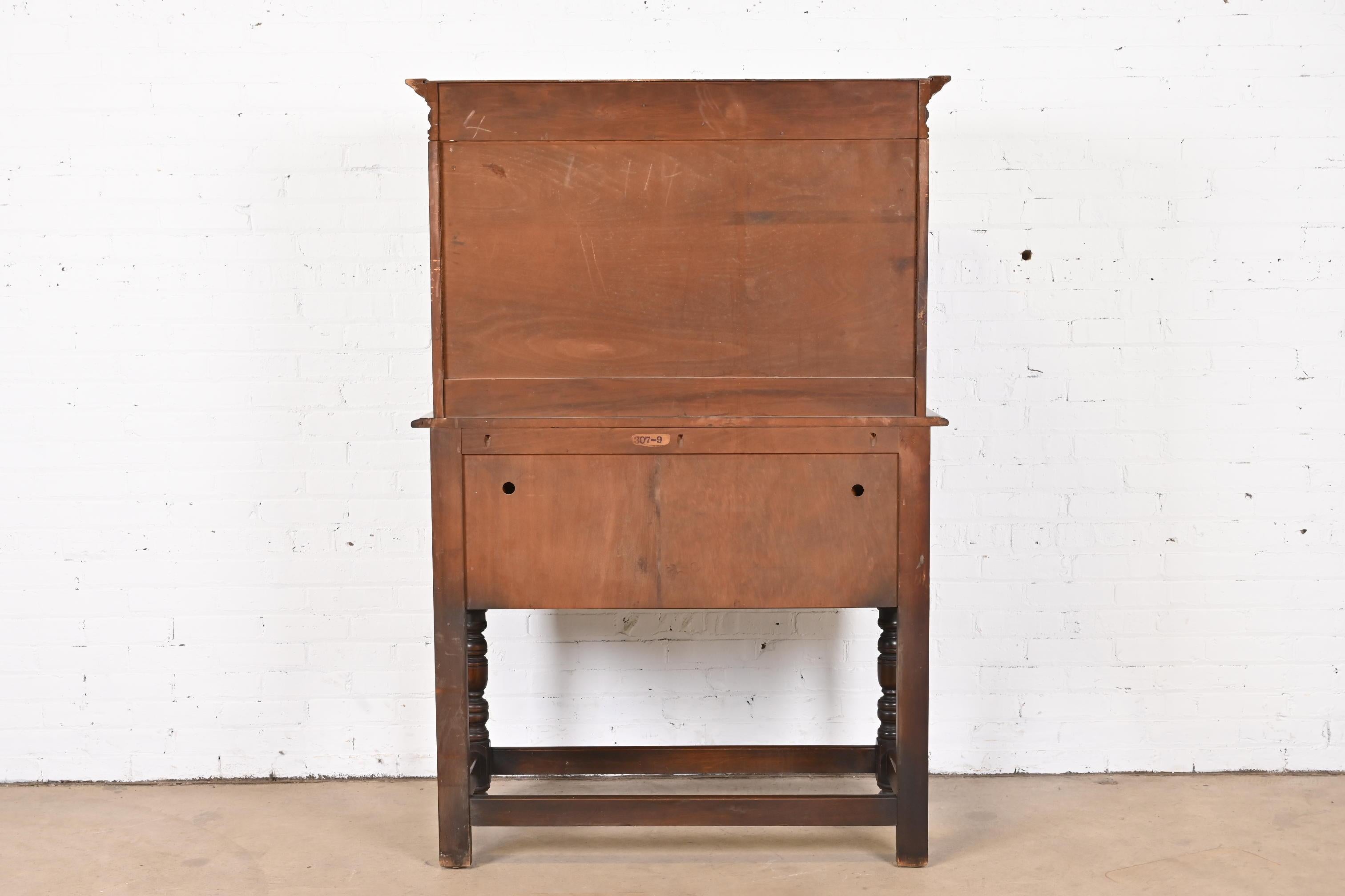 Limbert Jacobean Carved Walnut Hutch or Bar Cabinet, Circa 1920s For Sale 5