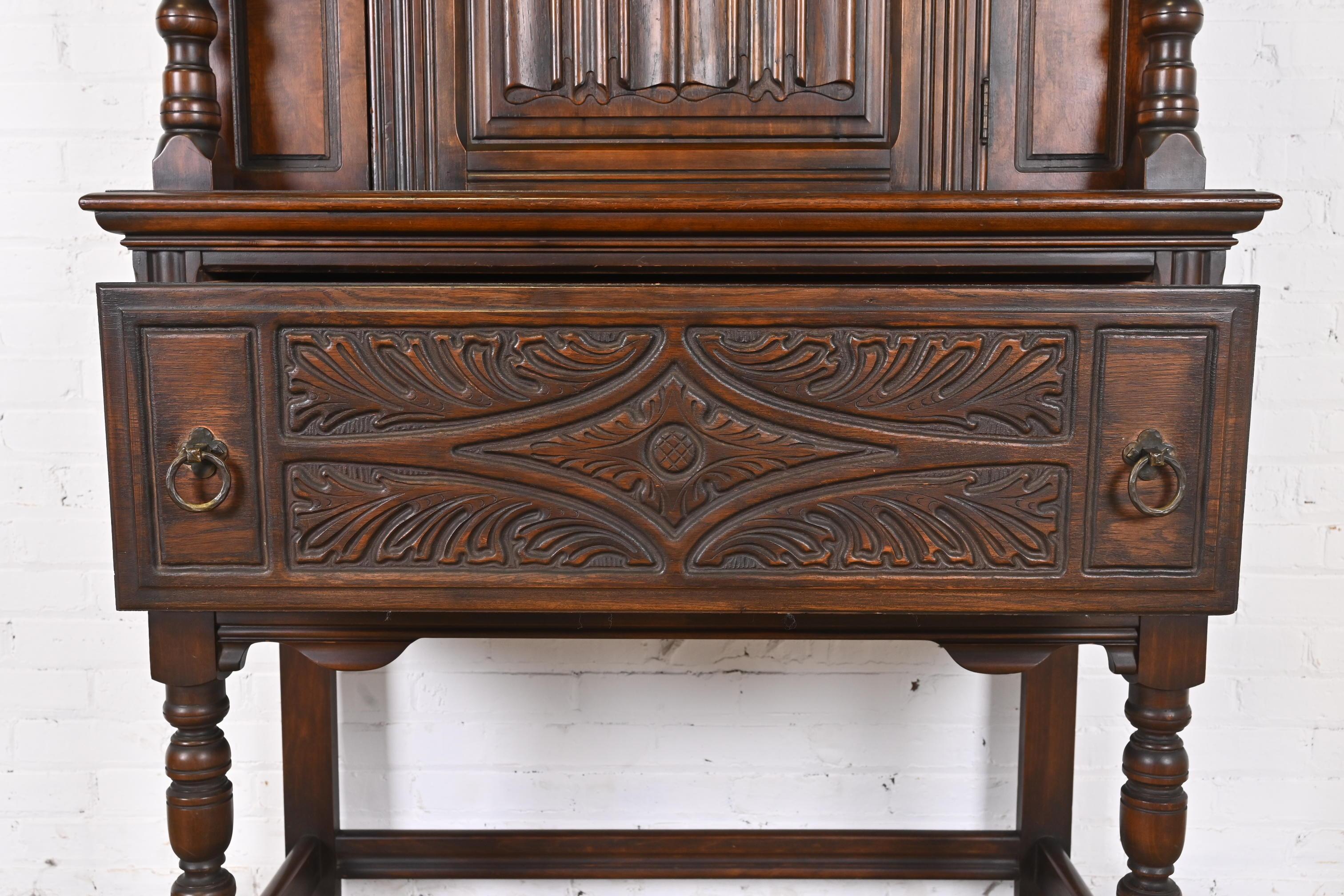 American Limbert Jacobean Carved Walnut Hutch or Bar Cabinet, Circa 1920s For Sale