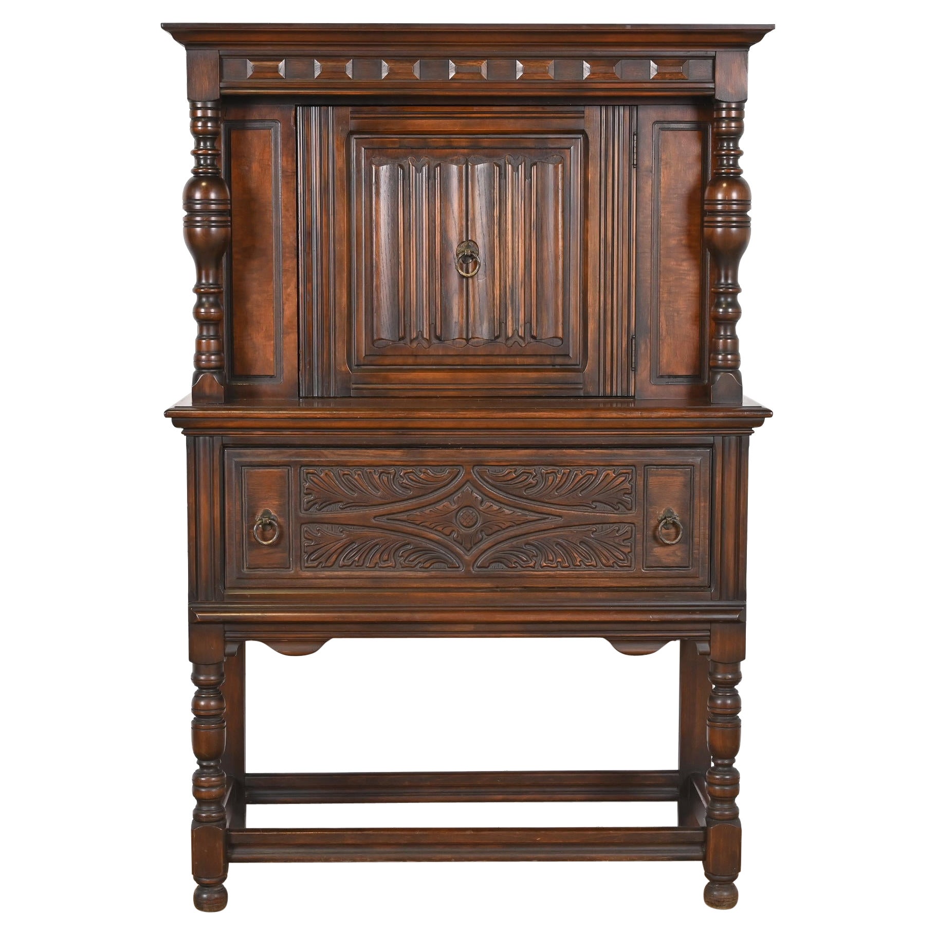 Limbert Jacobean Carved Walnut Hutch or Bar Cabinet, Circa 1920s
