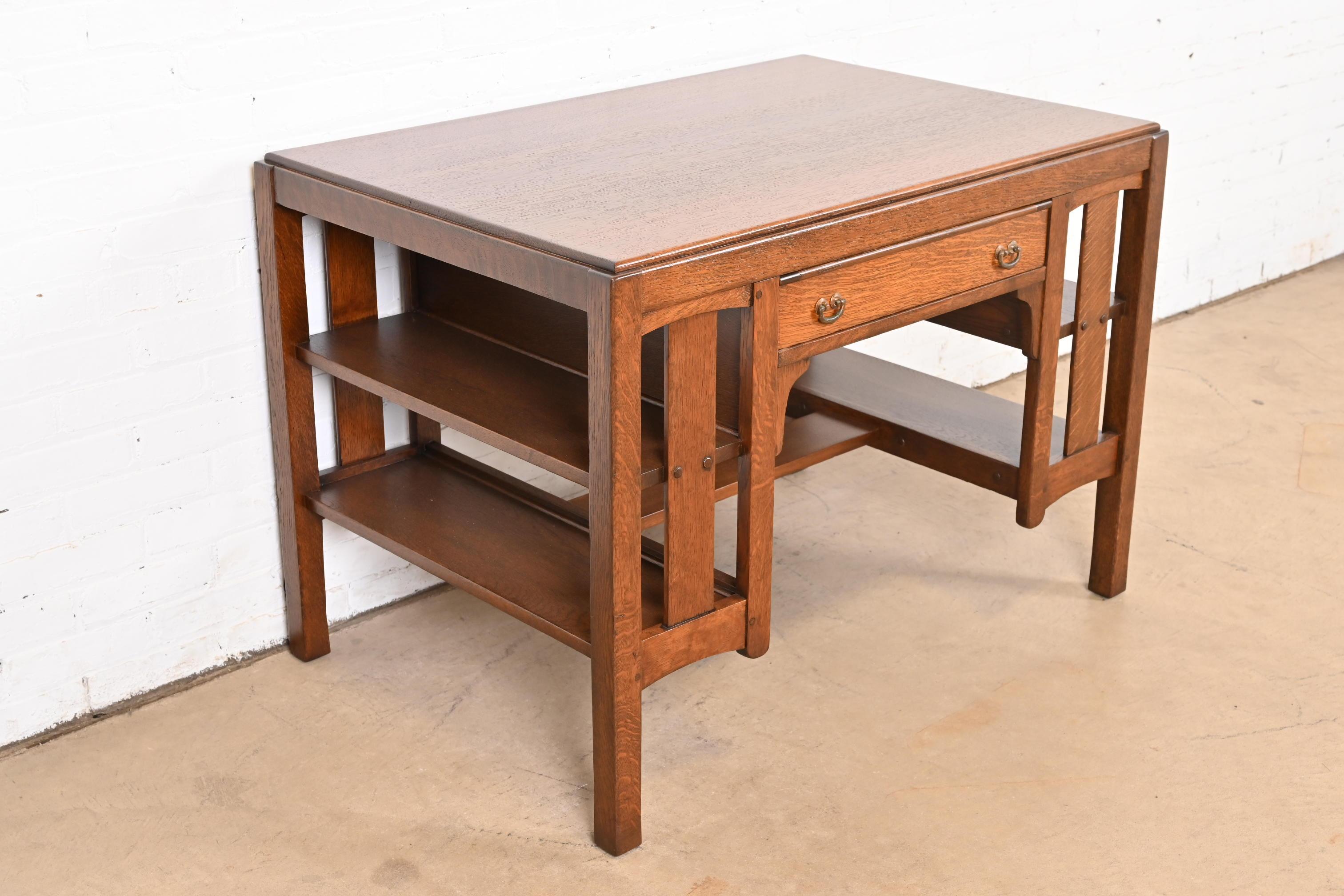Arts and Crafts Limbert Mission Oak Arts & Crafts Desk or Library Table With Built-In Bookcases