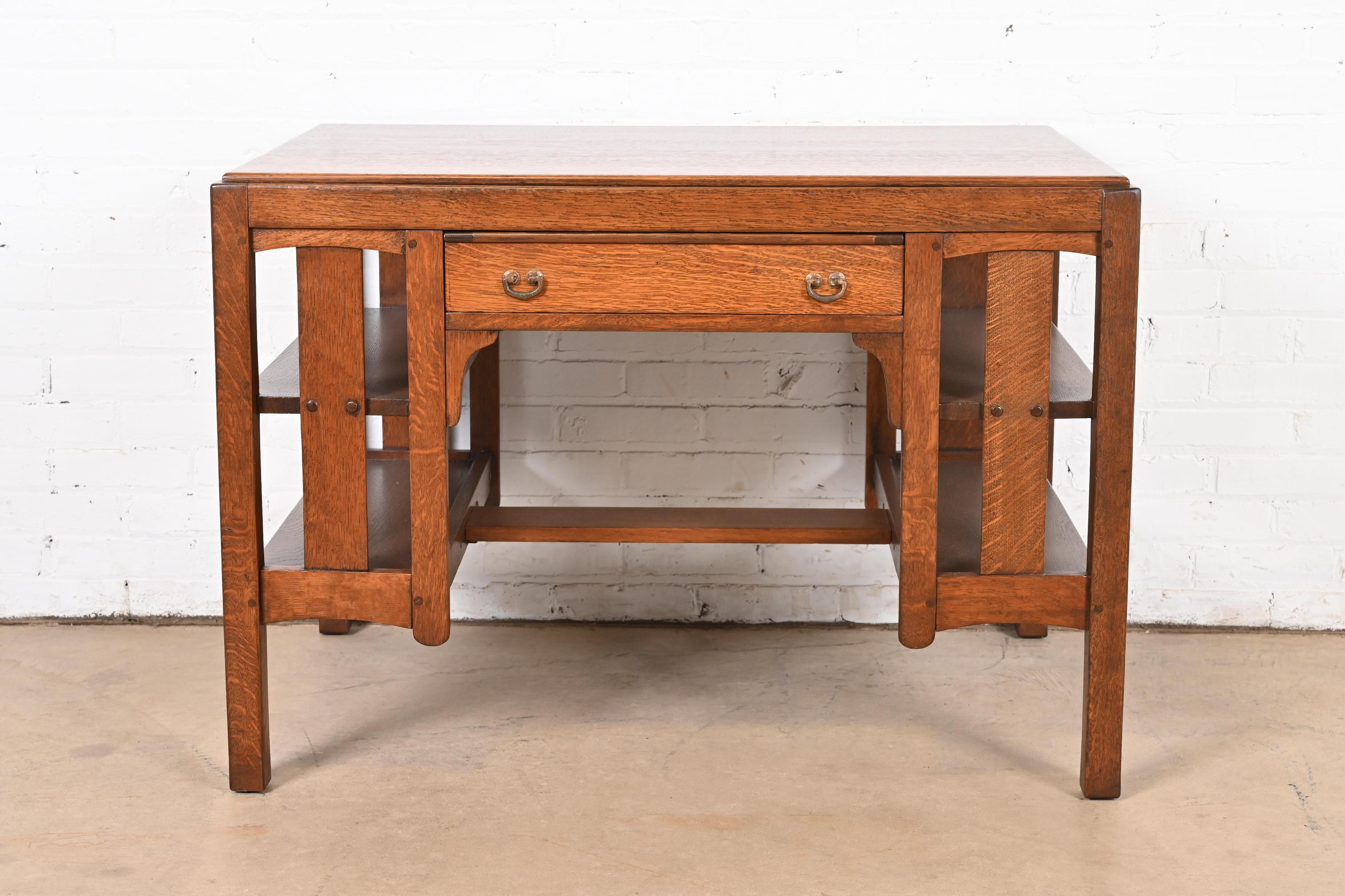 American Limbert Mission Oak Arts & Crafts Desk or Library Table With Built-In Bookcases