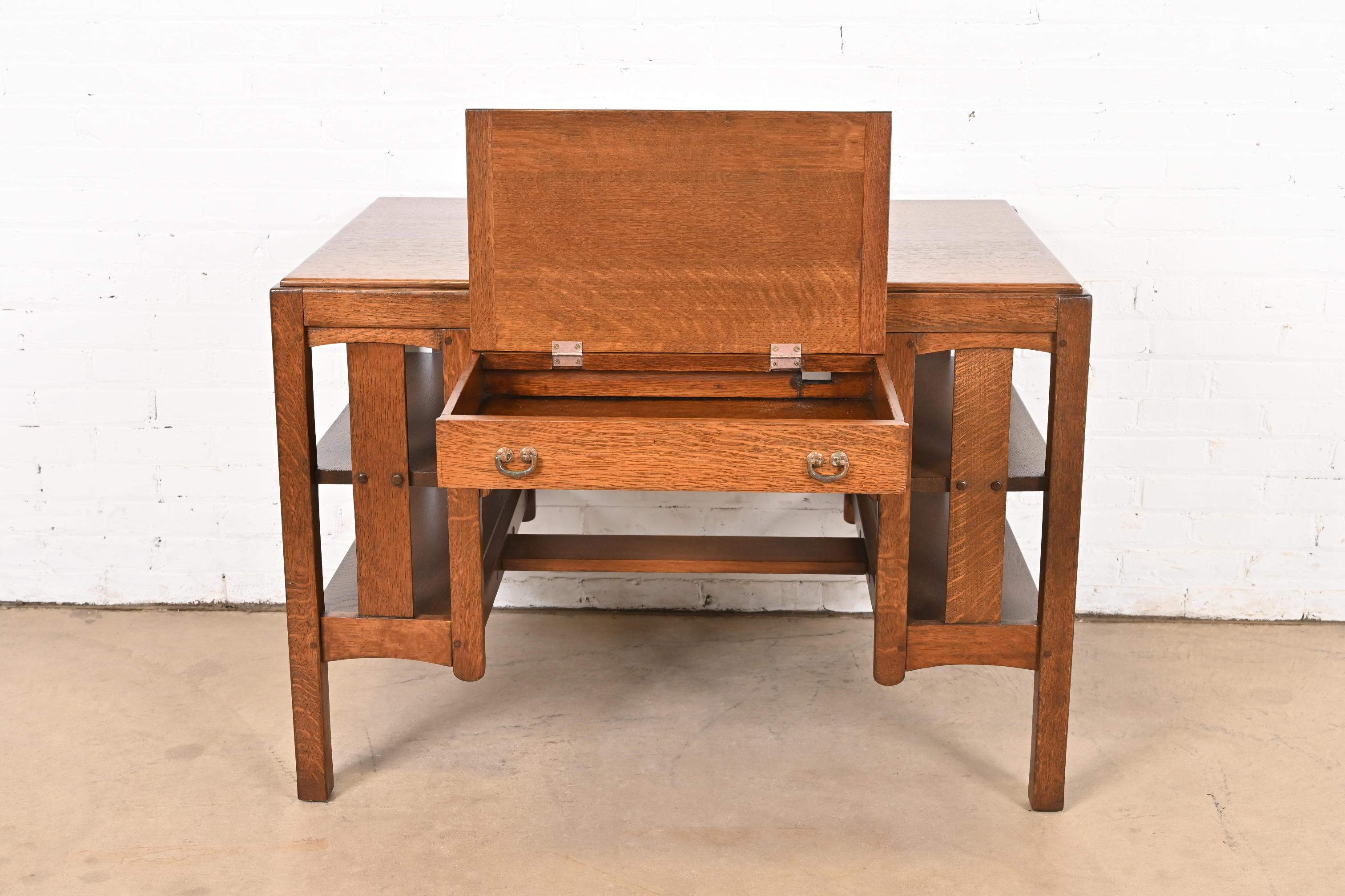 Copper Limbert Mission Oak Arts & Crafts Desk or Library Table With Built-In Bookcases