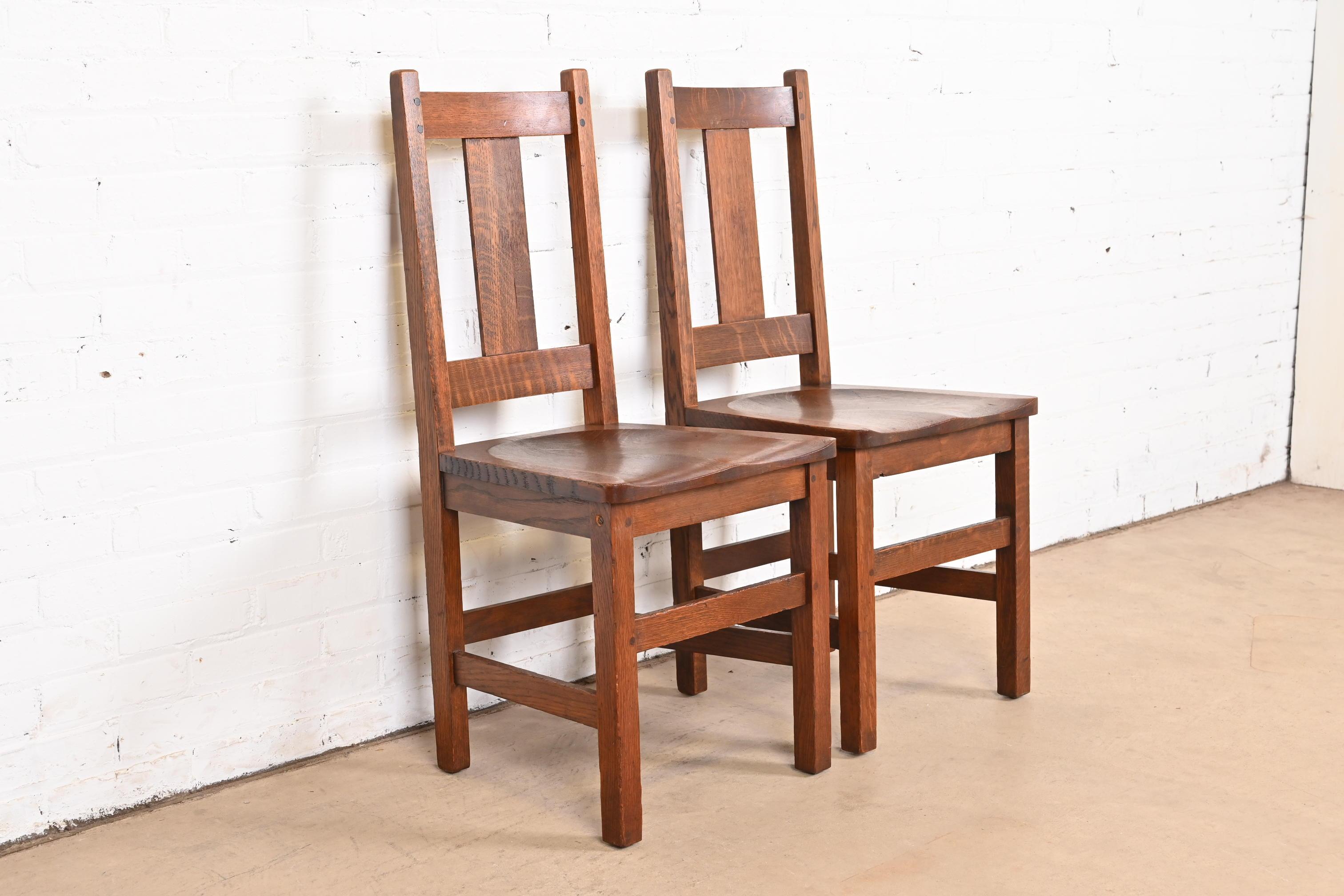 20th Century Limbert Mission Oak Arts & Crafts Dining Side Chairs, Pair For Sale