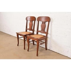 Limbert Style Antique Arts & Crafts Carved Oak Dining Chairs, Pair