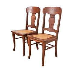 Limbert Style Antique Arts & Crafts Carved Oak Dining Chairs, Pair
