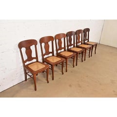 Limbert Style Antique Arts & Crafts Carved Oak Dining Chairs, Set of Six