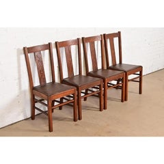 Limbert Style Antique Mission Oak Arts & Crafts Dining Chairs, Set of Four