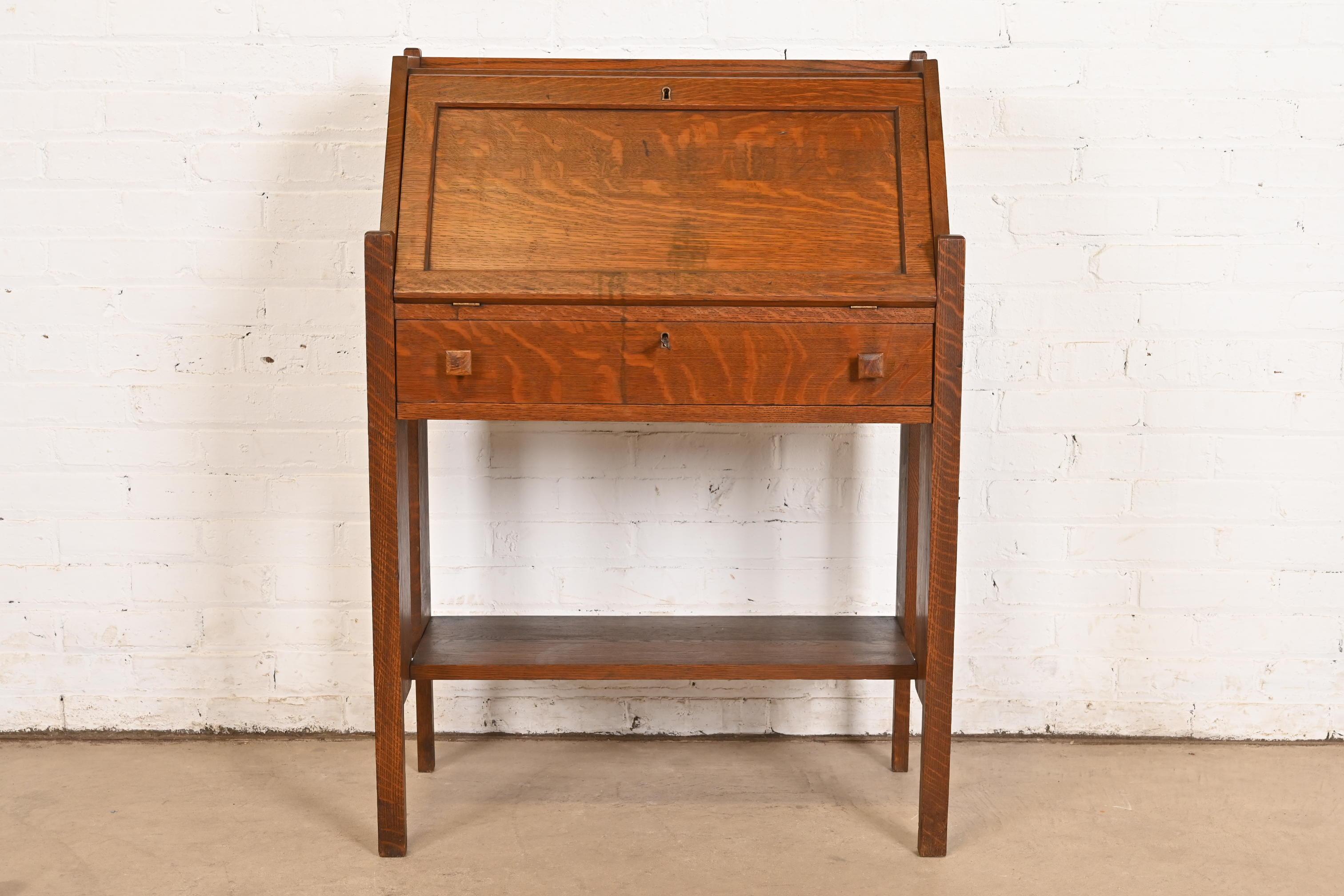 Arts and Crafts Limbert Style Antique Mission Oak Arts & Crafts Drop Front Secretary Desk For Sale