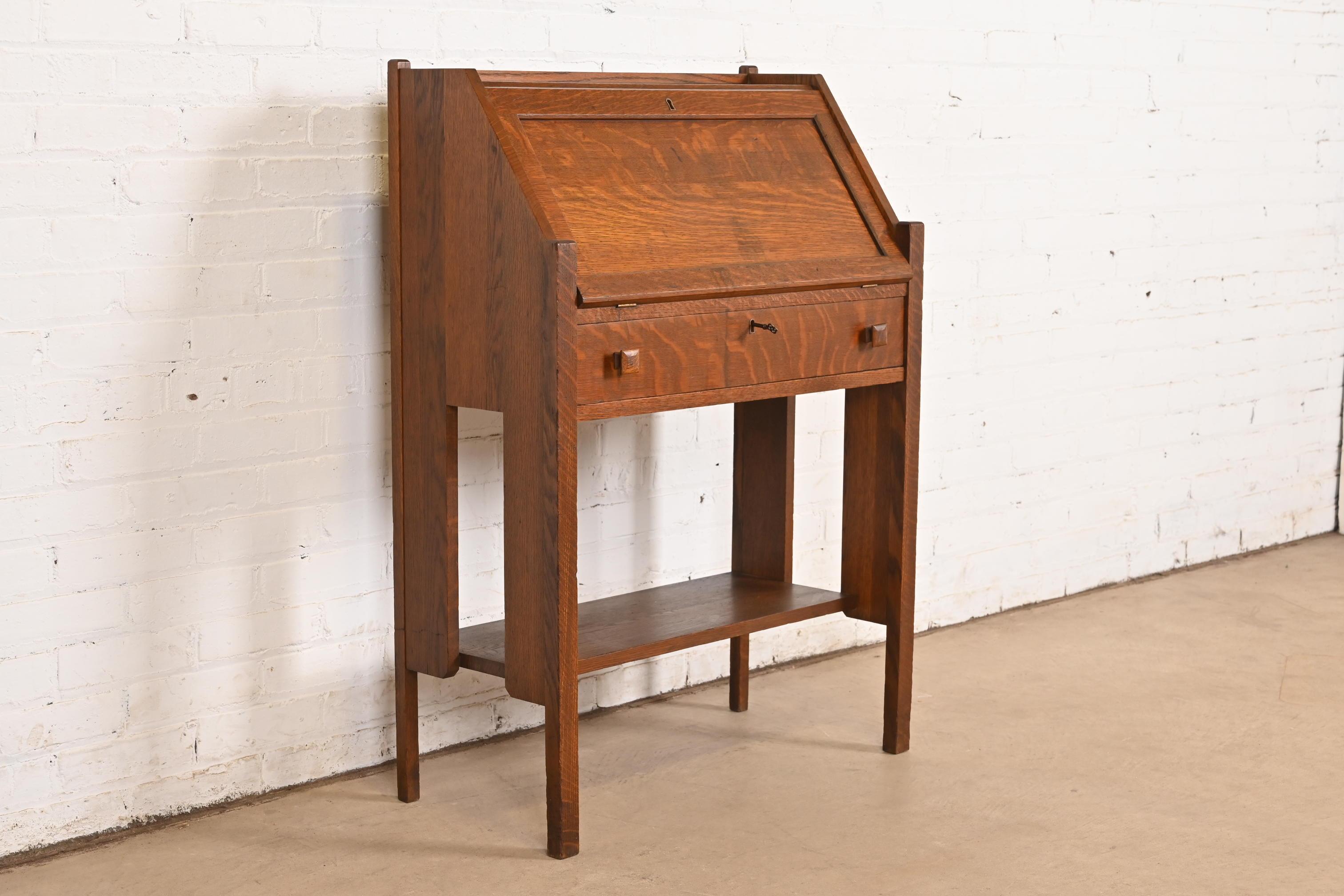 American Limbert Style Antique Mission Oak Arts & Crafts Drop Front Secretary Desk For Sale