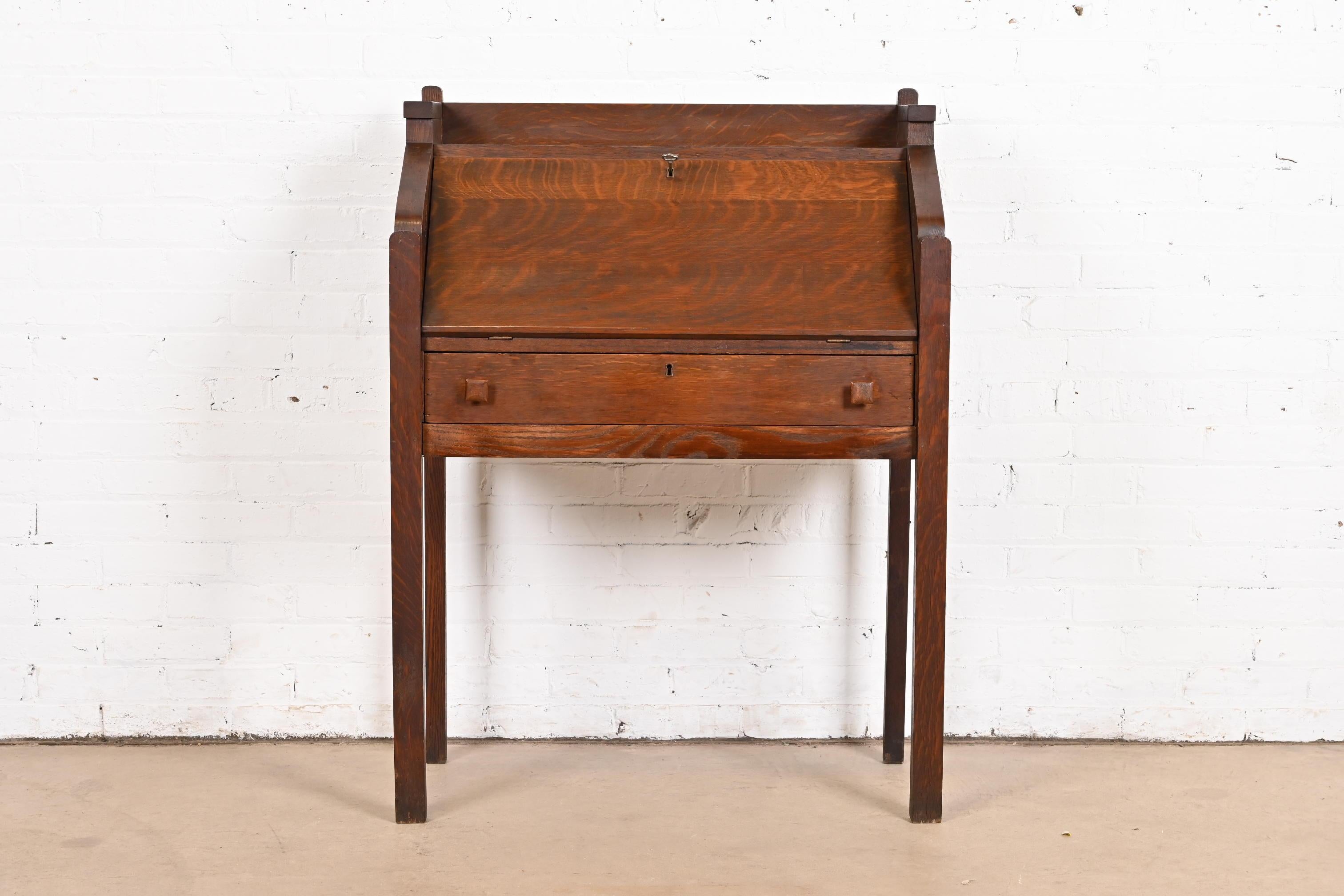 Limbert Style Antique Mission Oak Arts & Crafts Drop Front Secretary Desk In Good Condition In South Bend, IN