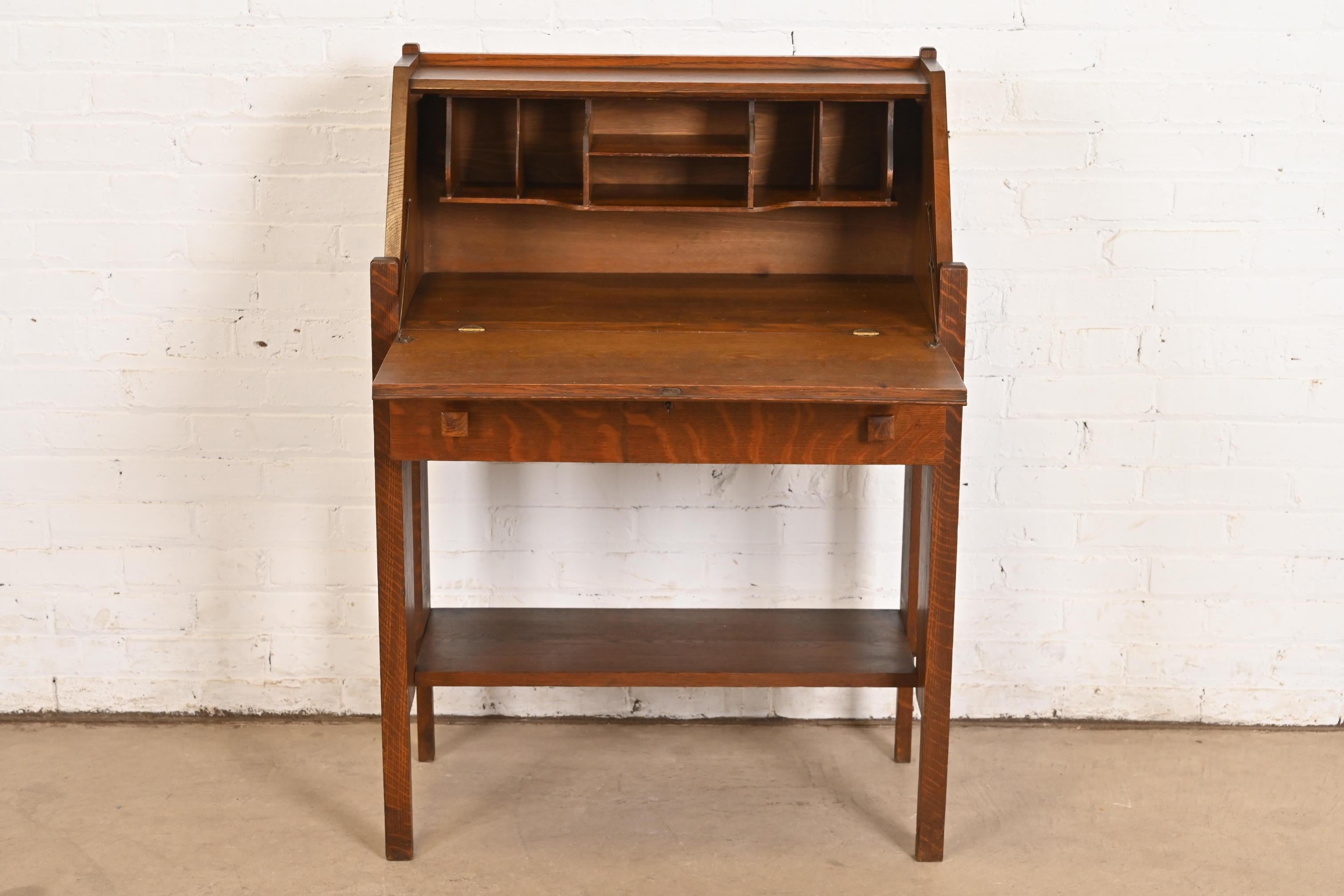 20th Century Limbert Style Antique Mission Oak Arts & Crafts Drop Front Secretary Desk For Sale